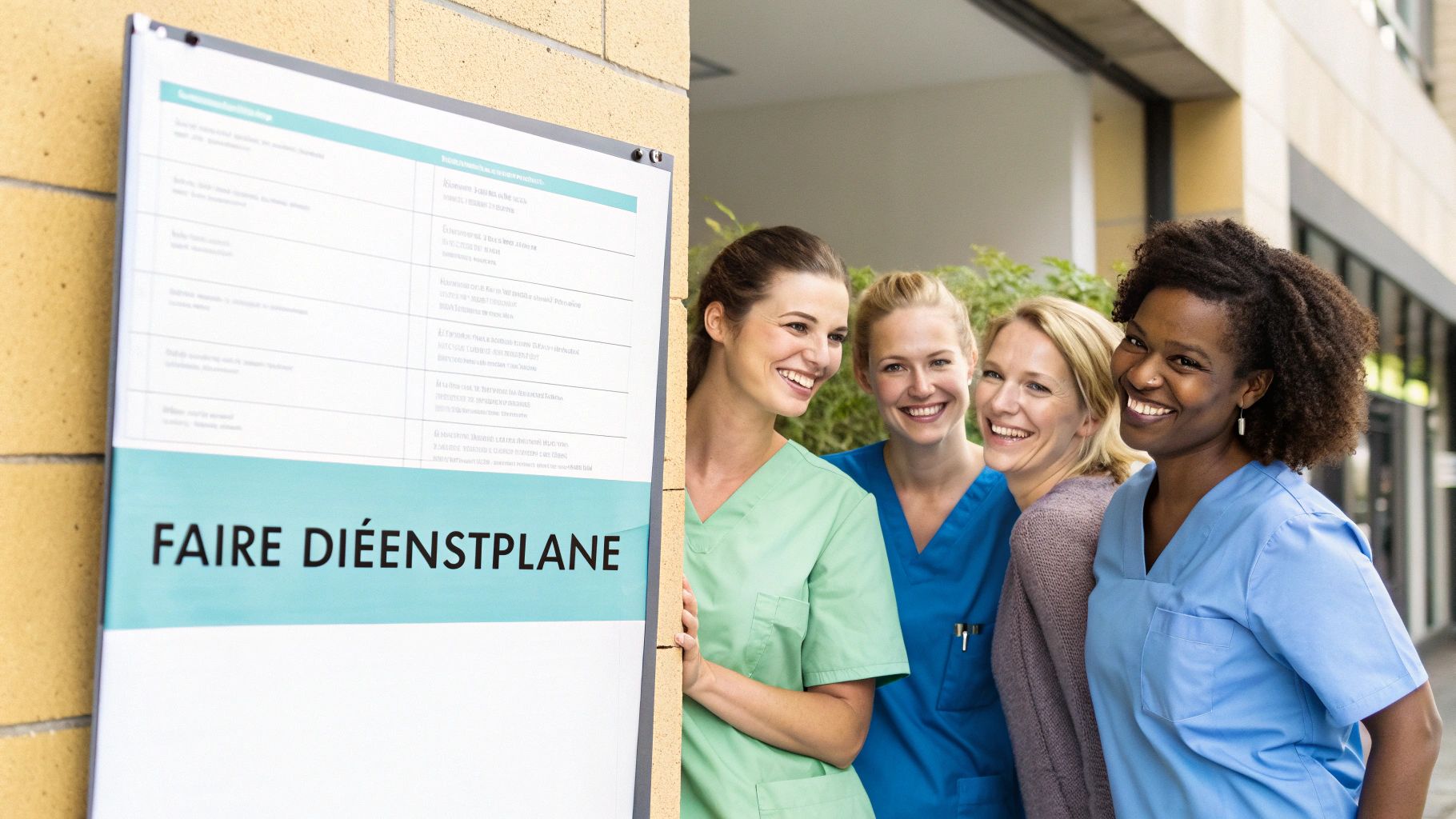 Ein Team von zufriedenen Pflegekräften, die zusammenarbeiten.