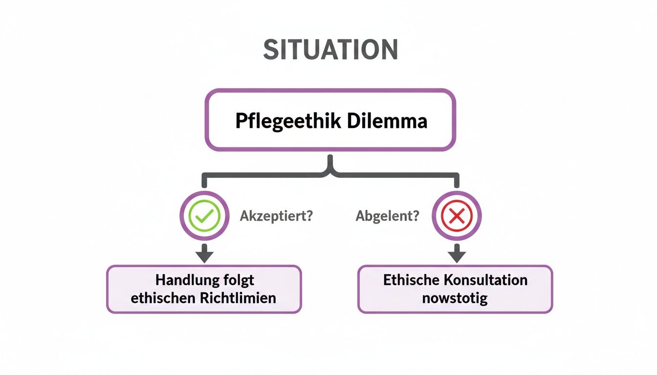 Flussdiagramm zum Pflegeethik-Dilemma: Akzeptiert führt zu ethischen Richtlinien, abgelehnt zu Konsultation.