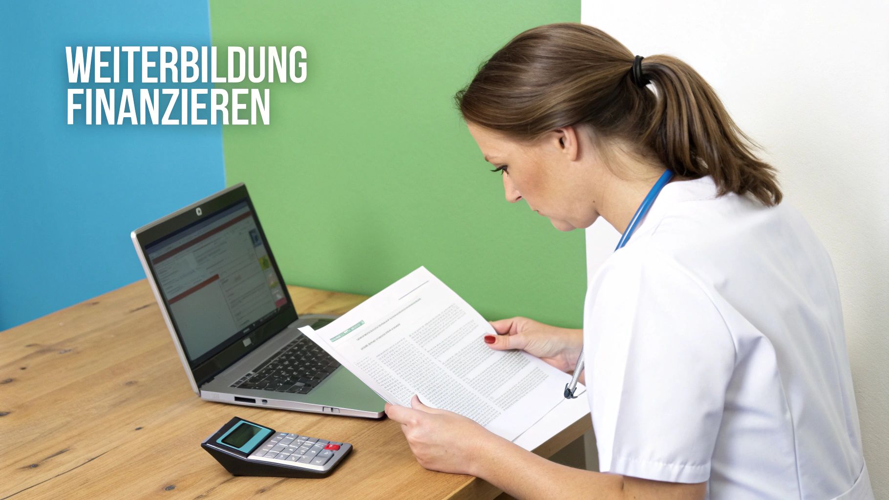 Frau in weißem Kittel liest Dokumente über Weiterbildungsfinanzierung am Schreibtisch mit Laptop und Taschenrechner.