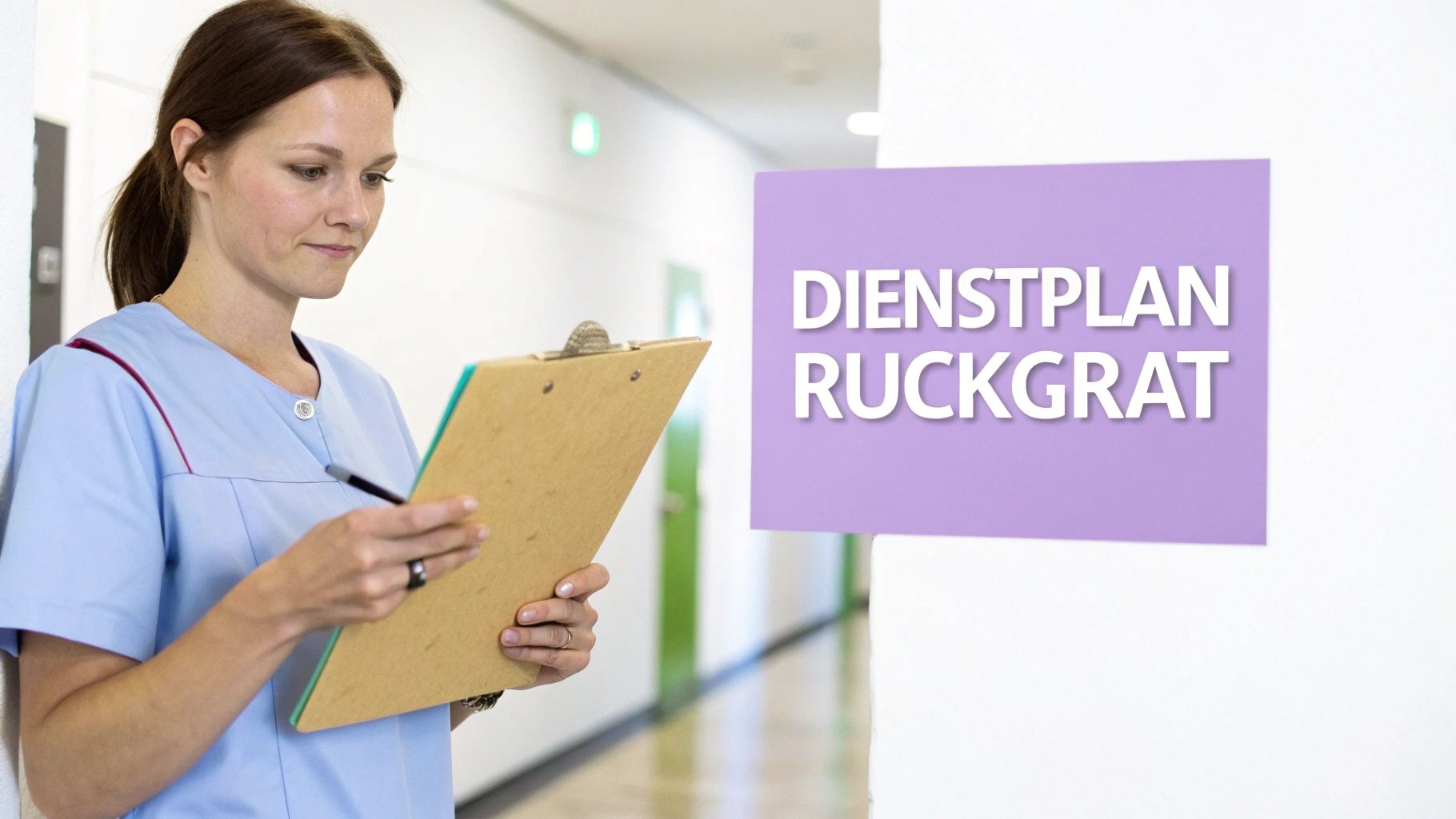 Eine Krankenschwester in hellblauer Uniform liest auf einem Klemmbrett in einem Krankenhausflur. Im Hintergrund ist ein lilafarbenes Schild mit der Aufschrift „DIENSTPLAN RÜCKGRAT“ zu sehen.