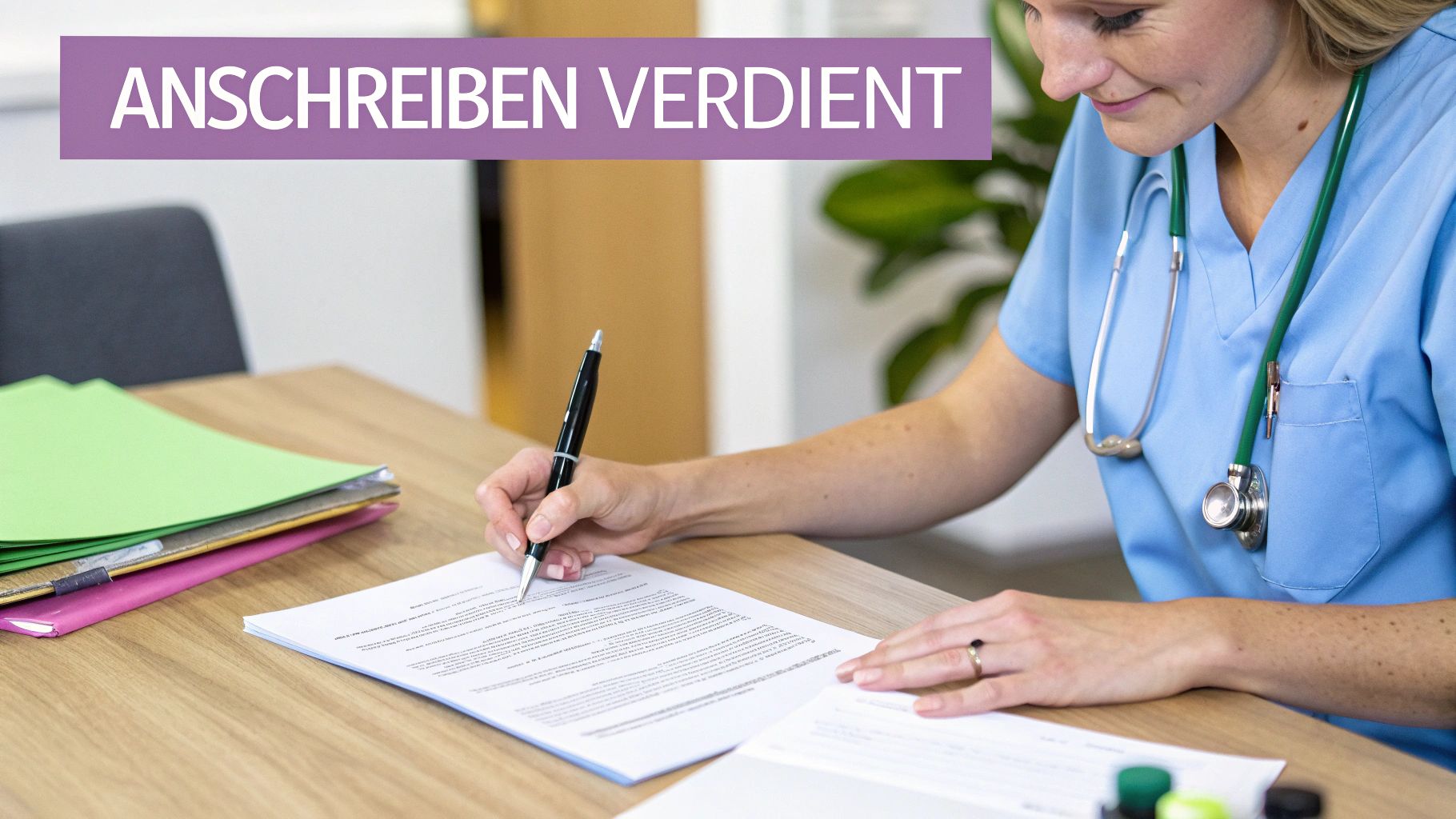 Eine lächelnde Krankenschwester in Arbeitskleidung verfasst ein Anschreiben oder Bewerbungsdokument an einem Schreibtisch.