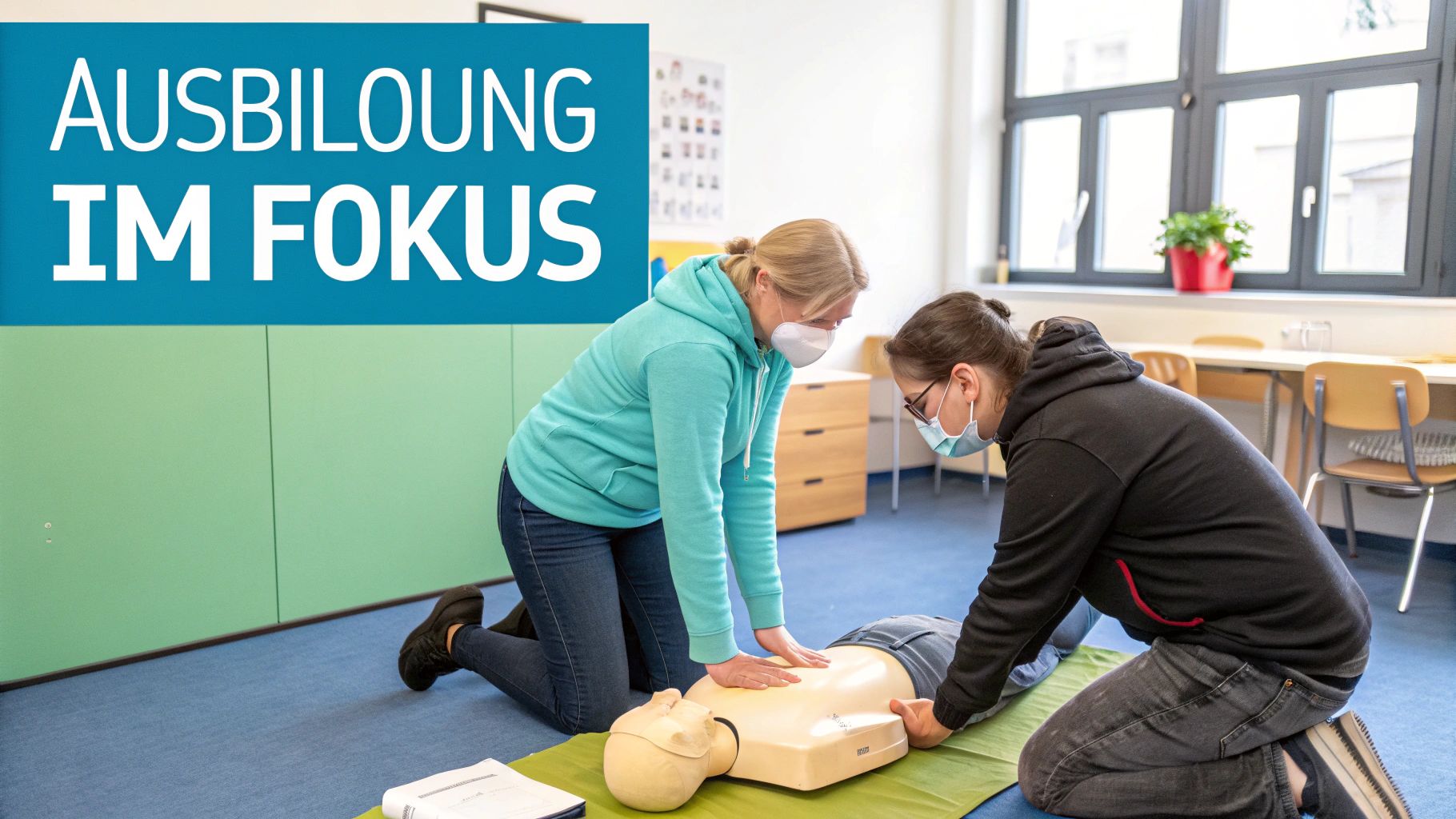 Zwei Auszubildende mit Masken trainieren Herz-Lungen-Wiederbelebung an einer Reanimationspuppe in einem Kursraum.