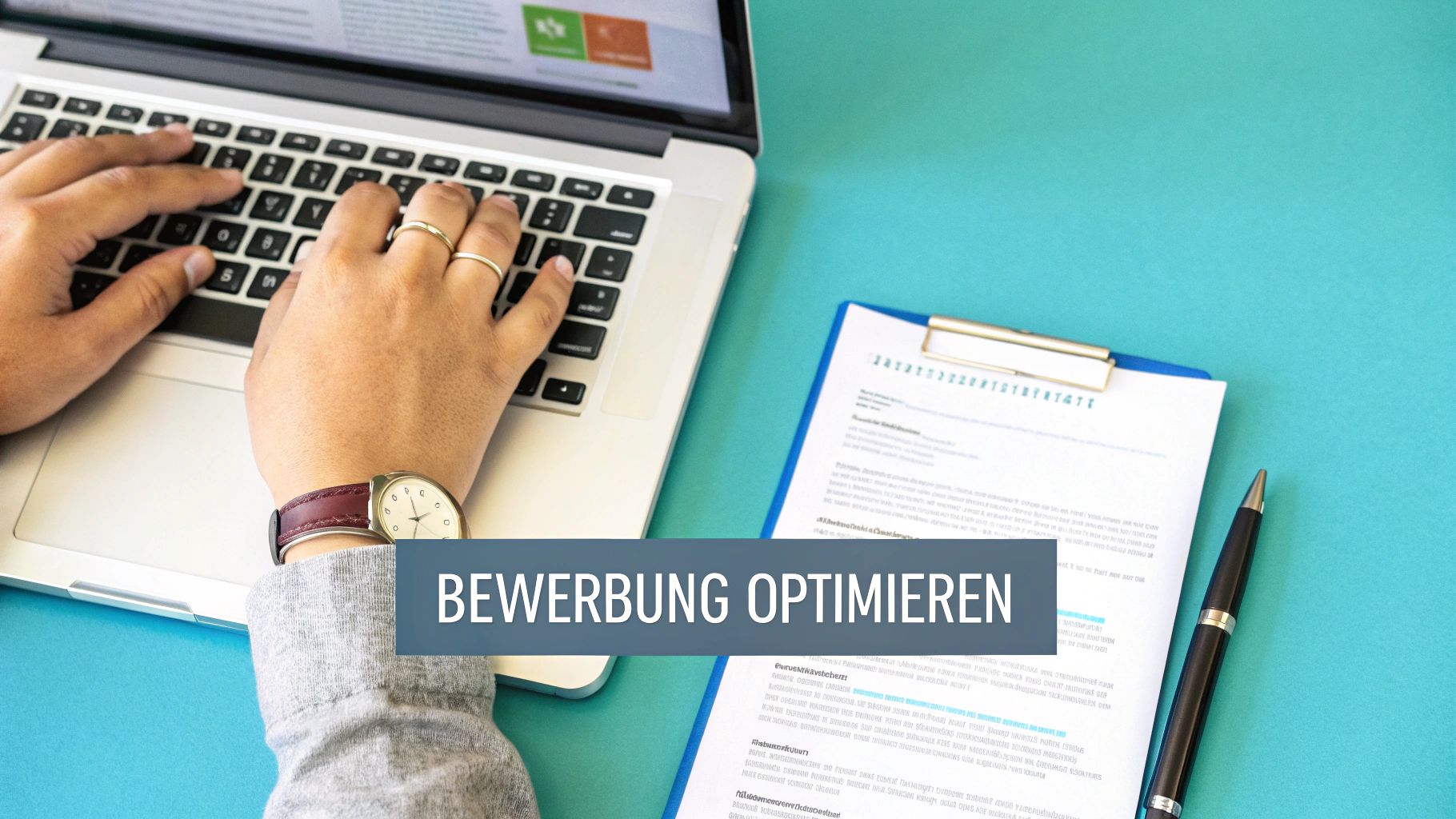 Person tippt auf Laptop, daneben Bewerbungsunterlagen und Stift. Textoverlay: Bewerbung optimieren.