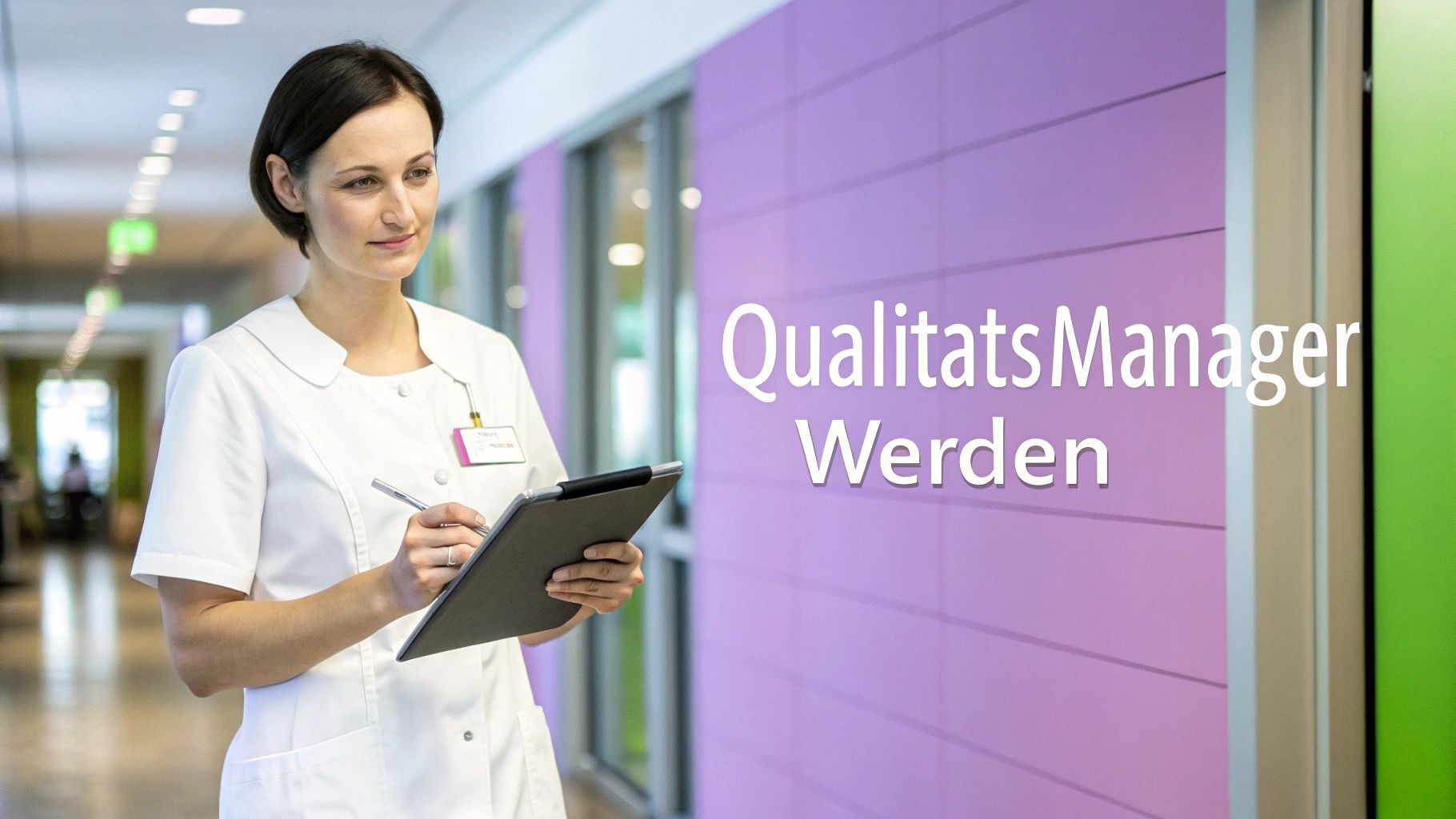 Eine lächelnde Krankenschwester in Weiß mit Klemmbrett im Krankenhausflur, Text: 'QualitätsManager Werden'.