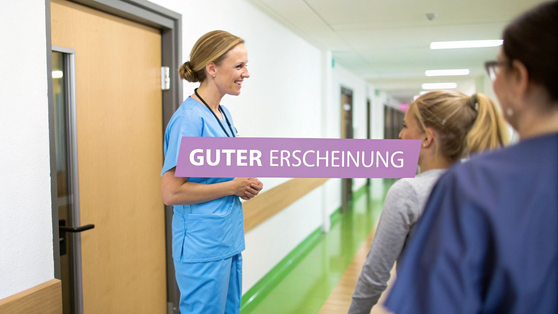 Lachende Krankenschwester in blauer Uniform unterhält sich mit einer Patientin in einem hellen Krankenhausflur.