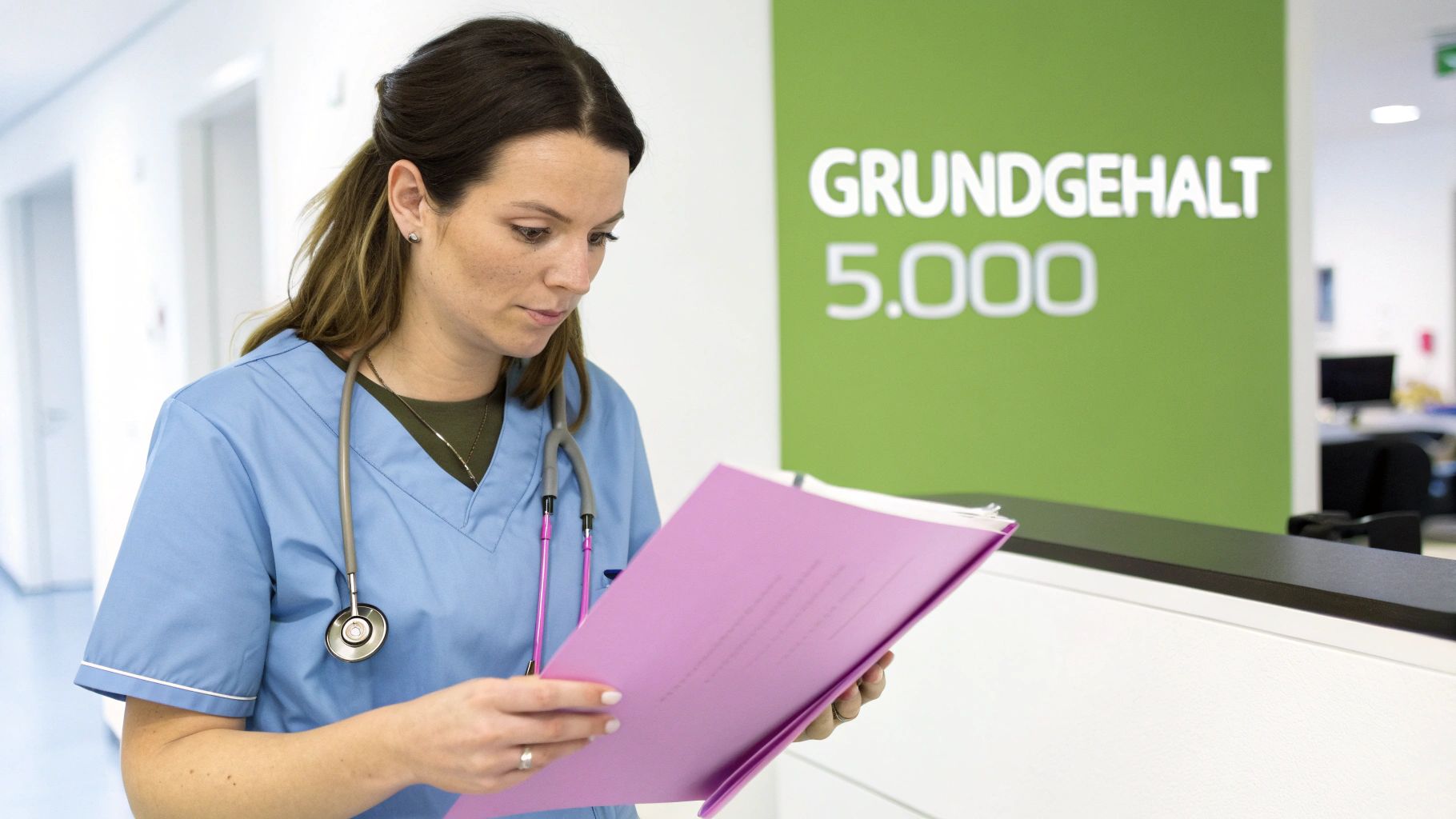 Eine fokussierte Study Nurse in blauen Kasacks liest Dokumente, im Hintergrund ein Schild mit 'GRUNDGEHALT 5.000'.