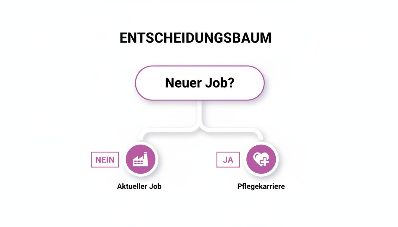 Entscheidungsbaum zur beruflichen Orientierung: Neuer Job führt zu Pflegekarriere oder aktuellem Job.