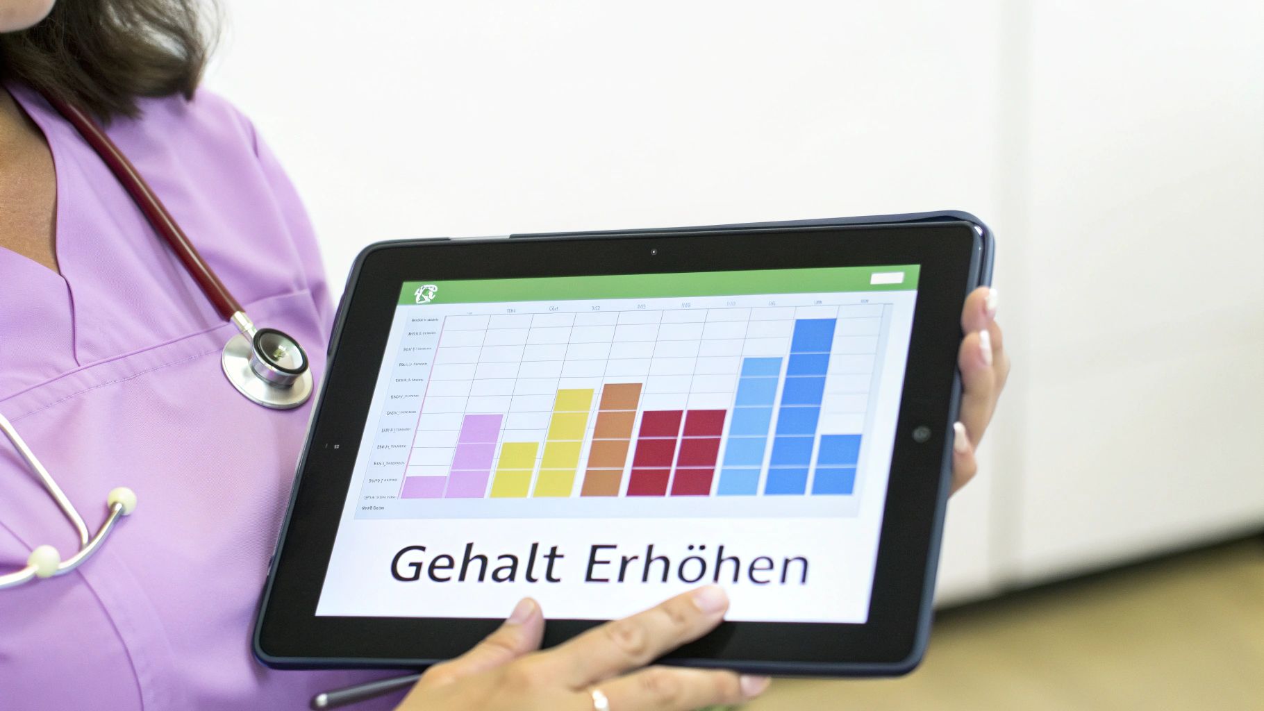 Eine Krankenschwester hält ein Tablet mit einem Balkendiagramm und der Aufschrift 'Gehalt Erhöhen', das berufliche Weiterbildung und Aufstiegsmöglichkeiten hervorhebt.
