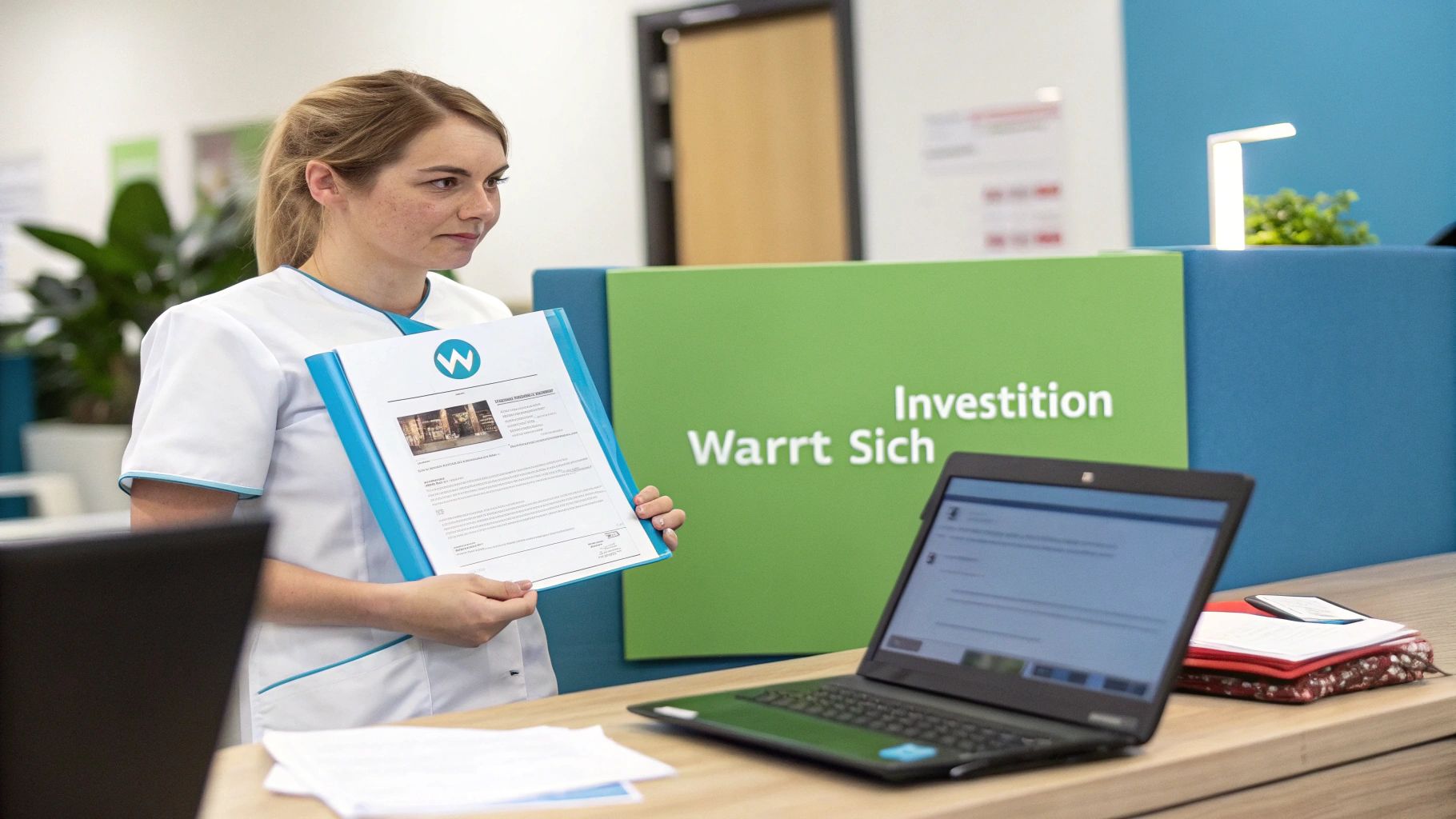 Junge Frau in Arzthelferinnen-Uniform hält Dokumente an einem Schreibtisch mit Laptop und Rezeption.