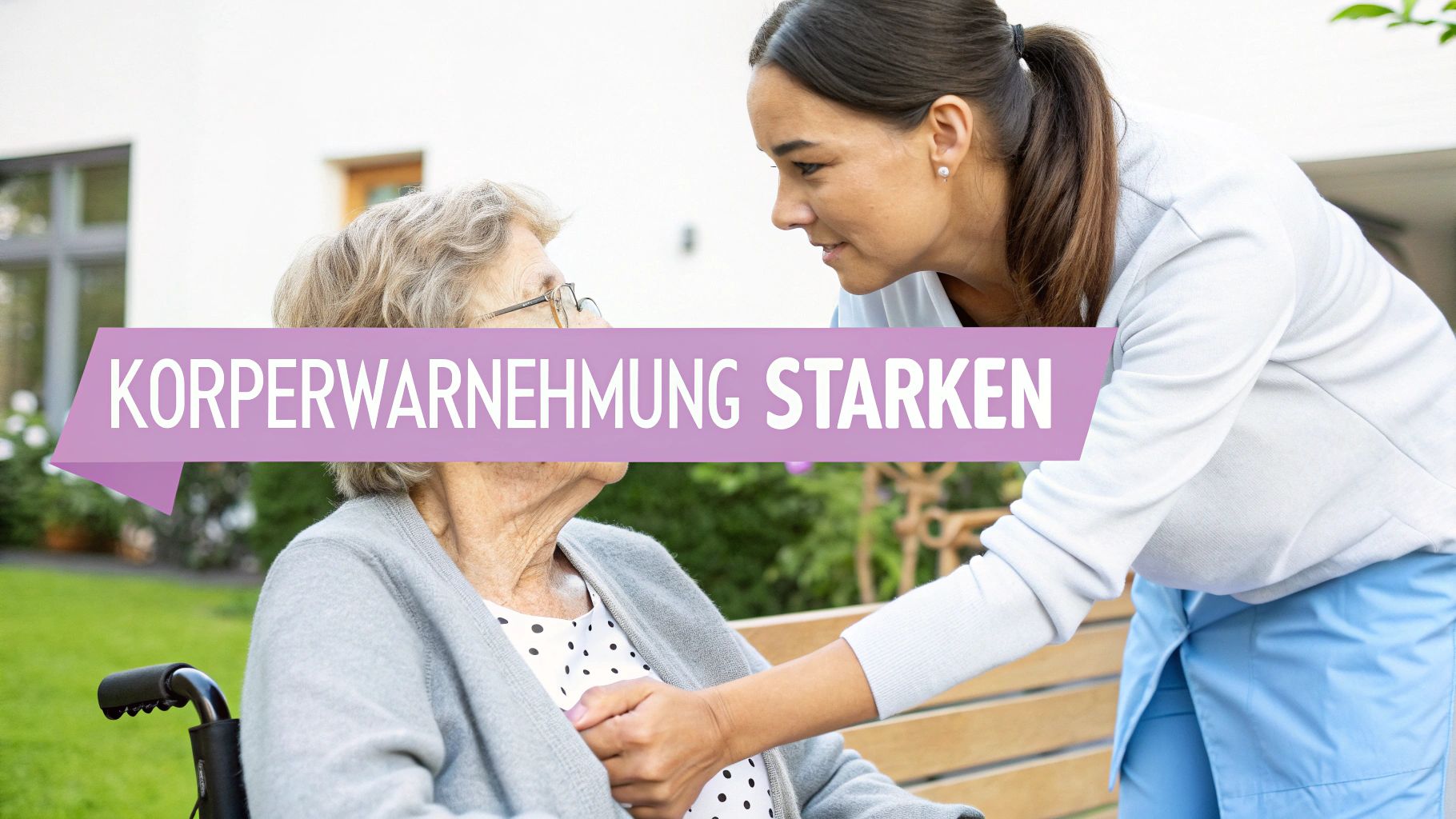 Eine junge Pflegerin beugt sich zu einer älteren Frau im Rollstuhl, Text: Körperwahrnehmung stärken.