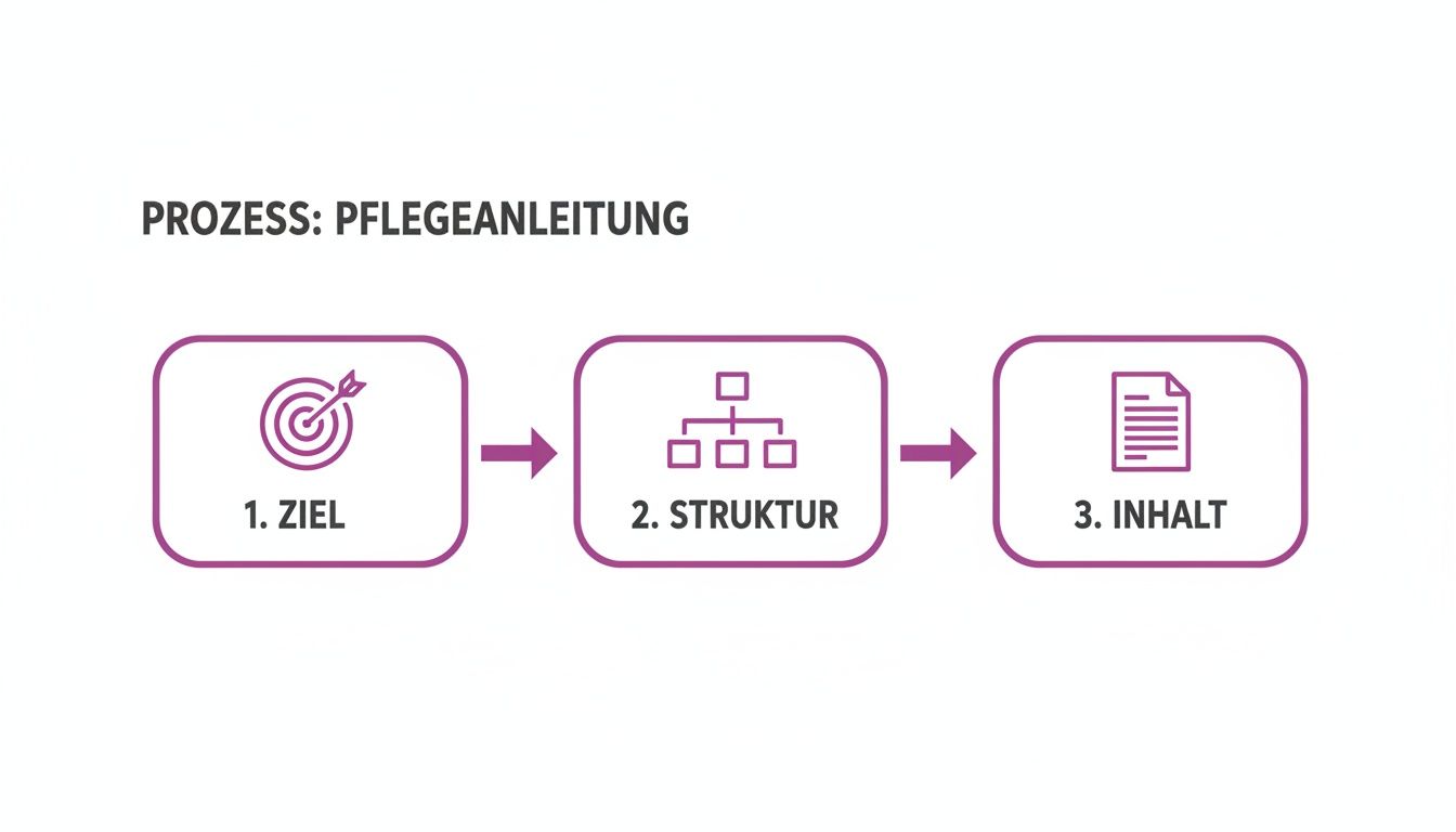 Visualisierung des Prozesses zur Erstellung einer Pflegeanleitung in drei Schritten: Ziel, Struktur und Inhalt.