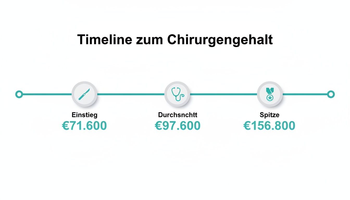 Timeline zum Chirurgengehalt zeigt Einstiegs-, Durchschnitts- und Spitzengehalt eines Chirurgen in Deutschland.