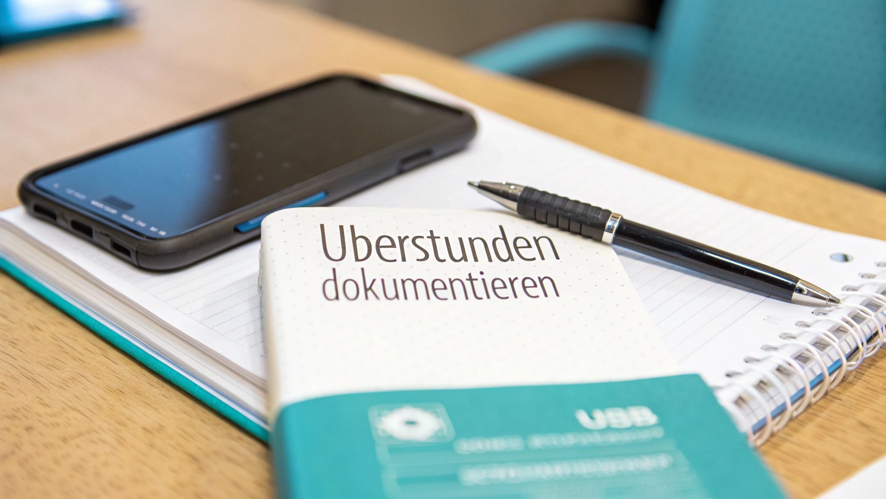 Smartphone, Notizbuch mit der Aufschrift „Überstunden dokumentieren“ und Stift auf einem Holztisch.