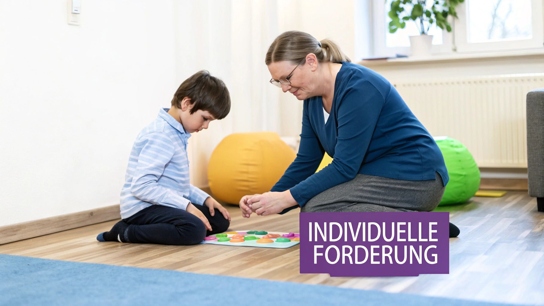 Frau und Kind sitzen auf dem Boden, spielen mit bunten Formen für individuelle Förderung.