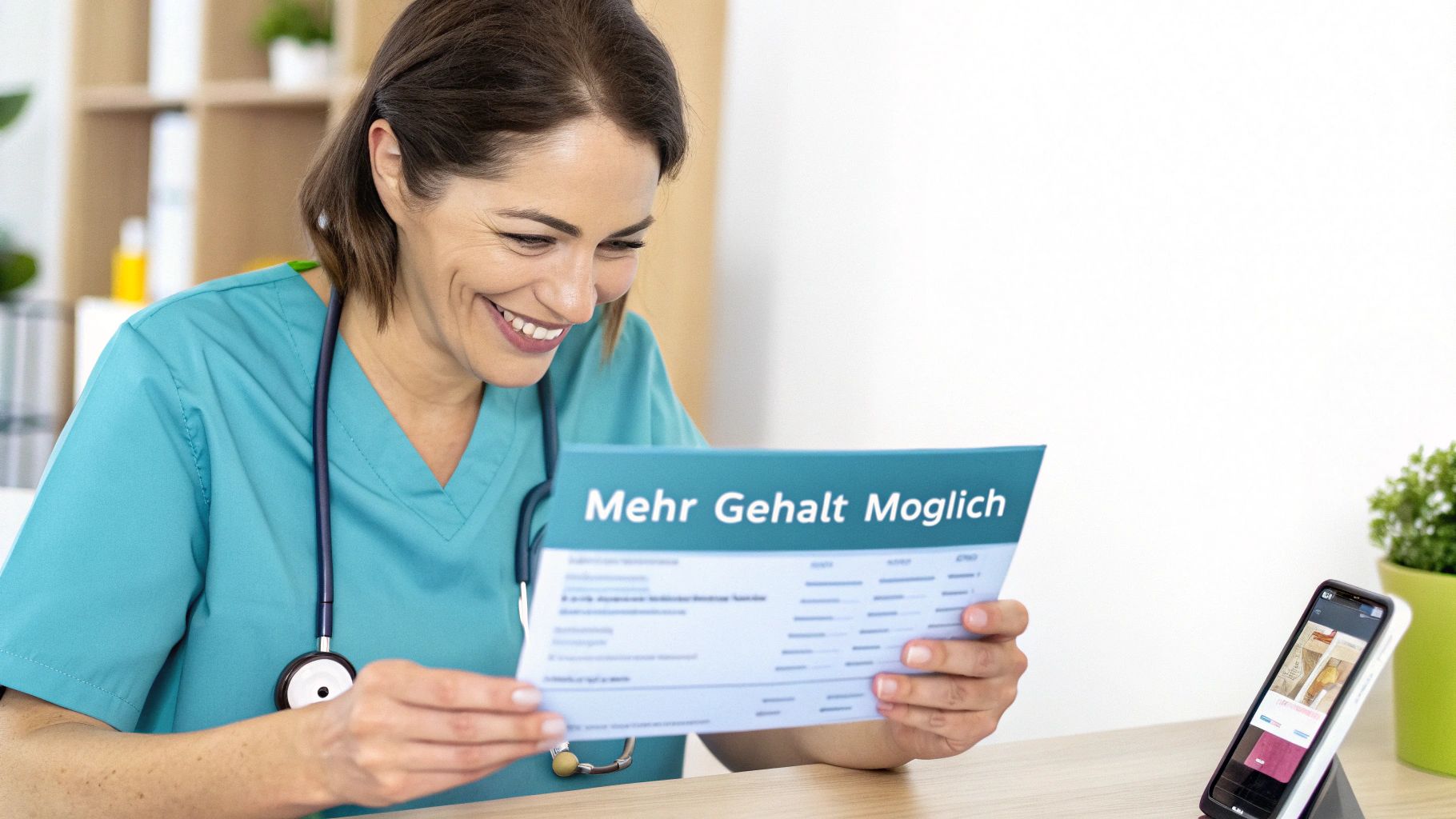 Lächelnde Krankenschwester betrachtet ein Dokument über Gehaltserhöhung und Karrierechancen am Schreibtisch.