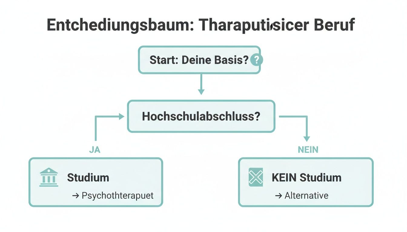 Entscheidungsbaum zeigt Wege zum therapeutischen Beruf basierend auf Vorhandensein eines Hochschulabschlusses, mit Psychotherapeut als Option.