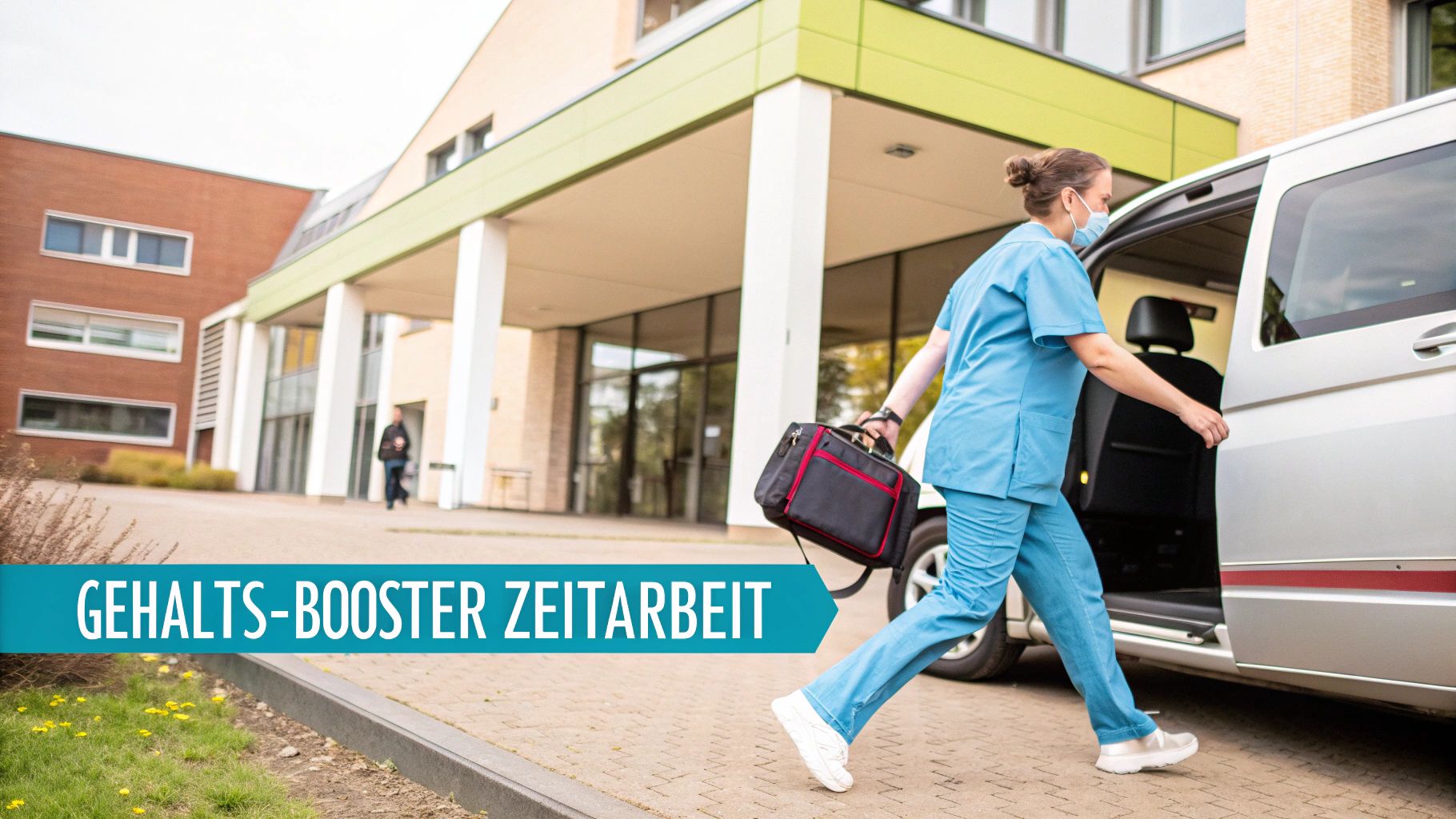 Pflegekraft in blauer Arbeitskleidung und Maske steigt in einen Transporter vor einem modernen Gebäude.