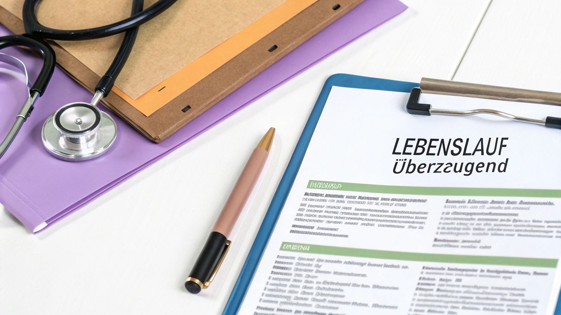 Stethoskop, Akten und ein Lebenslauf-Dokument auf einem Klemmbrett, symbolisieren eine erfolgreiche Bewerbung.