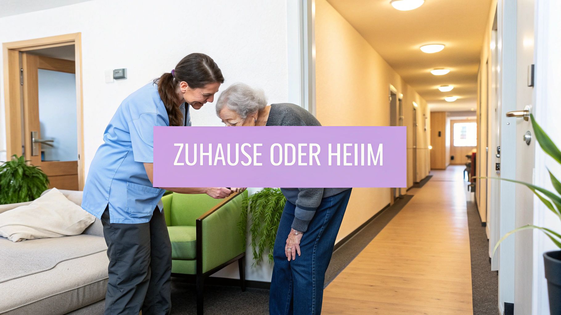 Eine Pflegekraft hilft einer älteren Frau beim Bücken in einem hellen Raum mit Flur.