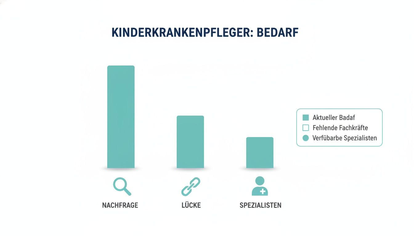 Balkendiagramm zum Bedarf an Kinderkrankenpflegern, darstellend Nachfrage, Lücke und verfügbare Spezialisten.