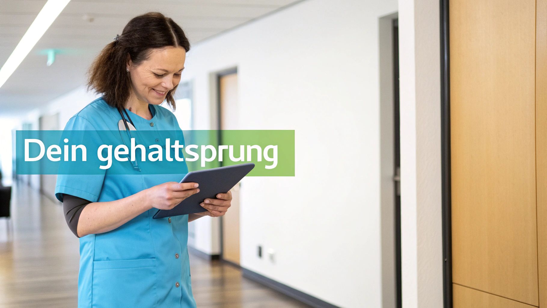 Lächelnde Krankenschwester in blauen Kasacks mit Stethoskop betrachtet Tablet in einem hellen Flur. Text: Dein gehaltssprung.