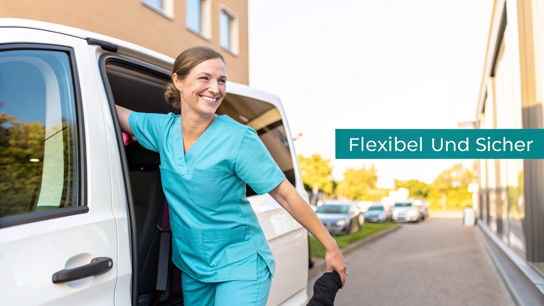 Eine selbstbewusste Pflegefachkraft lehnt an einem modernen Dienstwagen und blickt in die Kamera