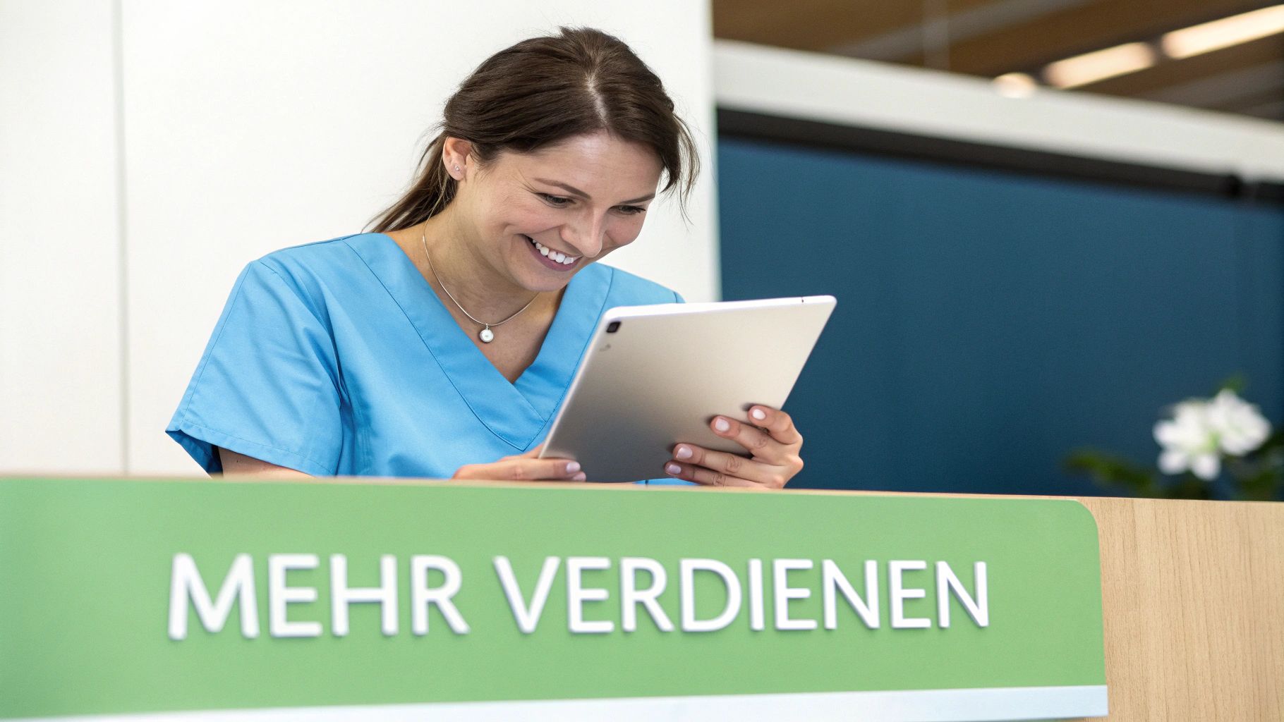 Lächelnde medizinische Fachangestellte in blauer Uniform betrachtet ein Tablet, mit einem Schild 'MEHR VERDIENEN' im Vordergrund.