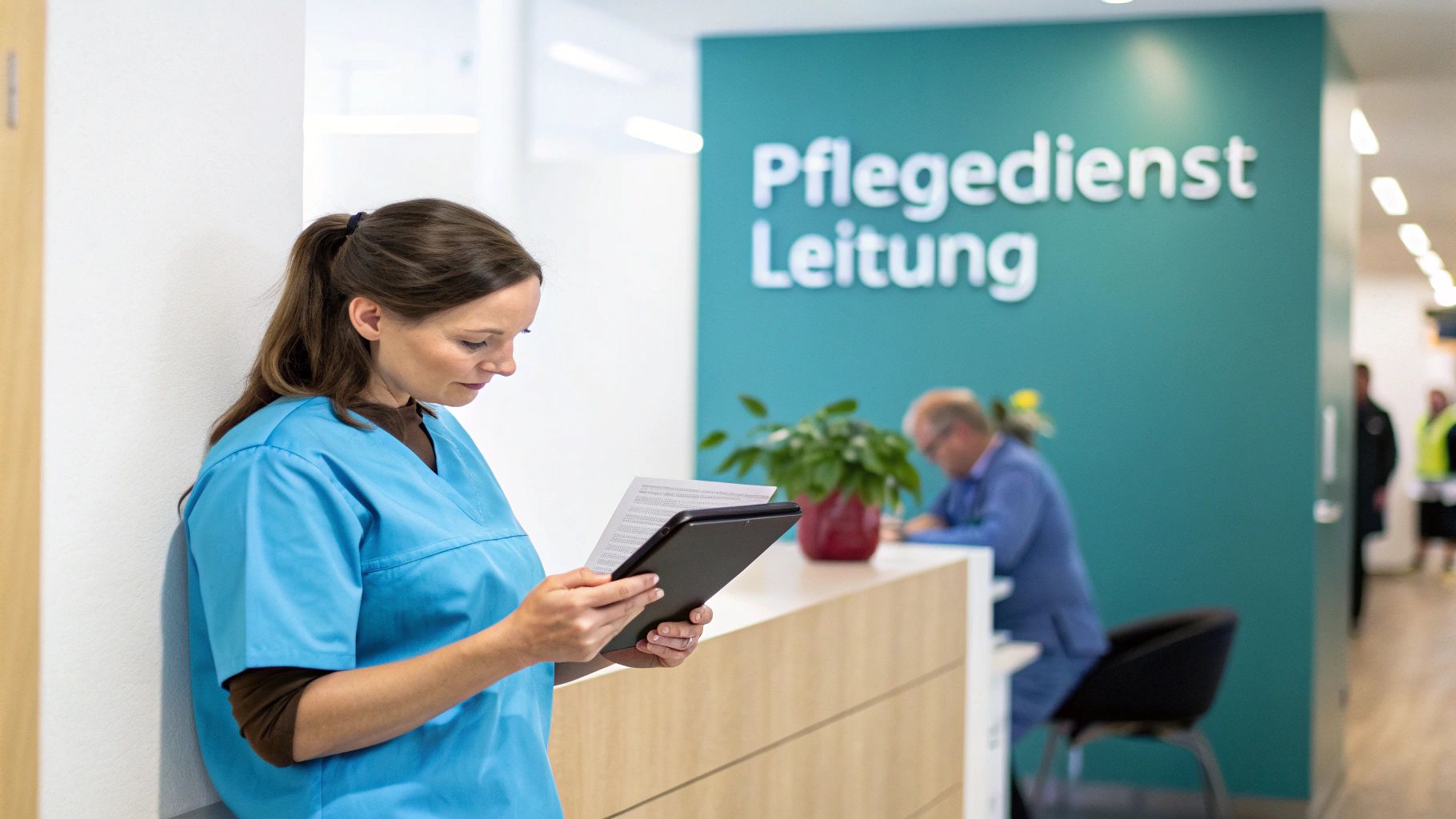 Pflegefachkraft in blauer Arbeitskleidung liest Dokumente auf Tablet in moderner Pflegeeinrichtung