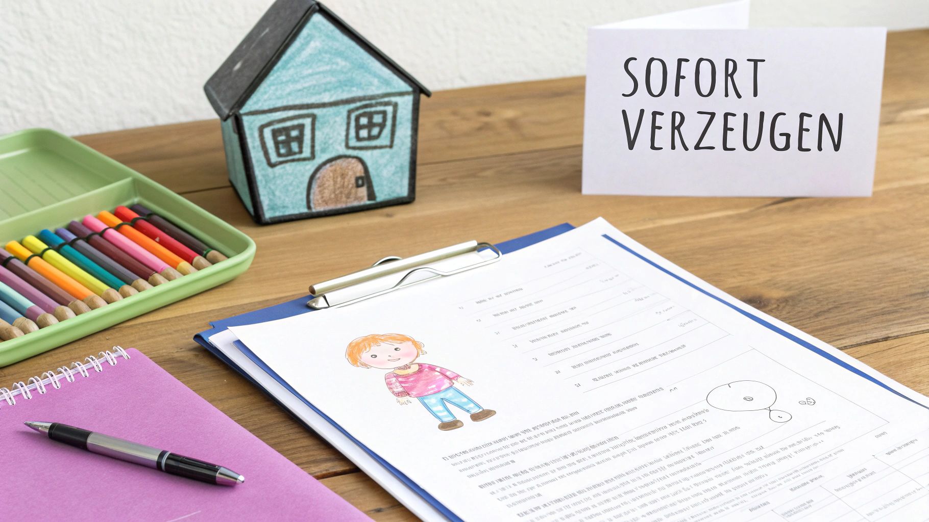 Ein Schreibtisch mit Kinderzeichnung, Spielzeughaus, Buntstiften und einer Karte mit der Aufschrift 'SOFORT VERZEUGEN'.