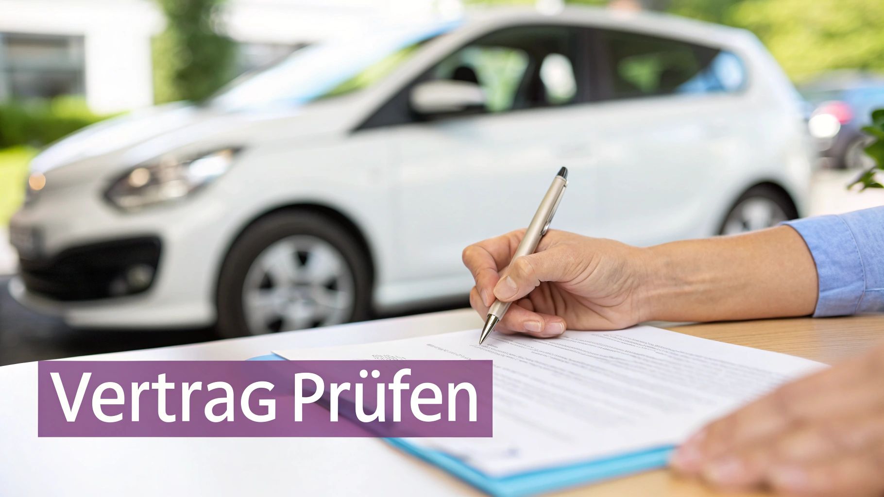 Eine Person unterschreibt einen Vertrag, während eine andere Person mit einem Stift auf eine bestimmte Stelle zeigt.