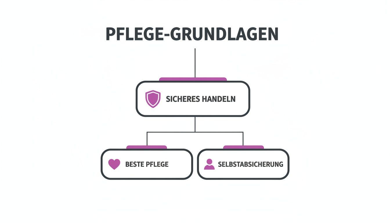 Infografik über Pflege-Grundlagen, die sicheres Handeln in beste Pflege und Selbstabsicherung unterteilt.