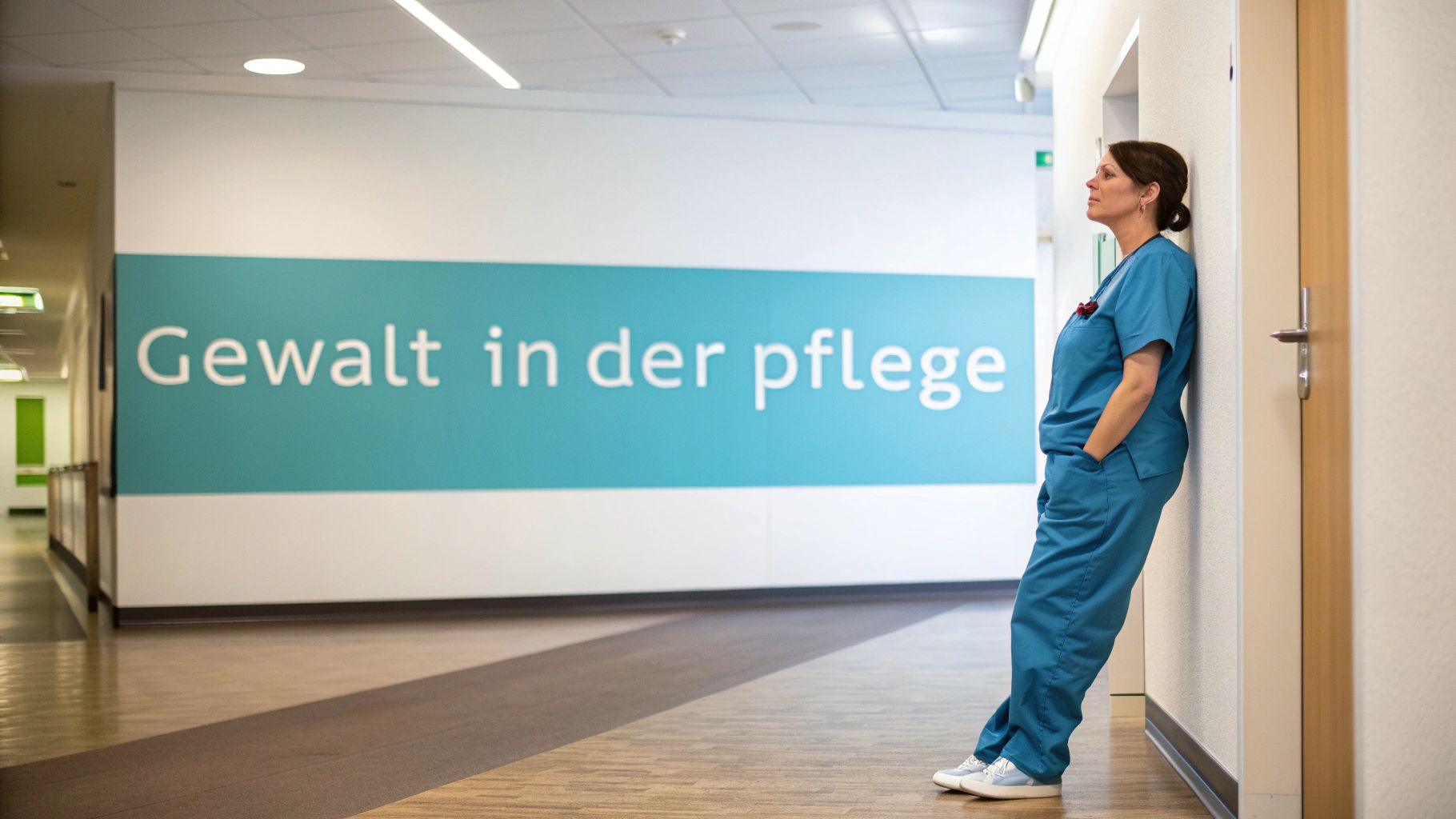 Müde Pflegekraft lehnt in einem Krankenhausflur an der Wand; Schriftzug „Gewalt in der Pflege“ ist sichtbar.