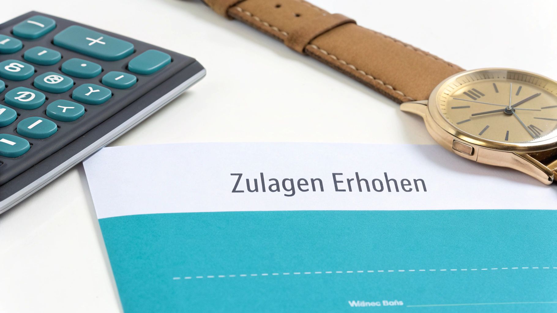 Taschenrechner, Uhr und Dokument mit der Aufschrift „Zulagen Erhöhen“ für Gehaltsverhandlungen.