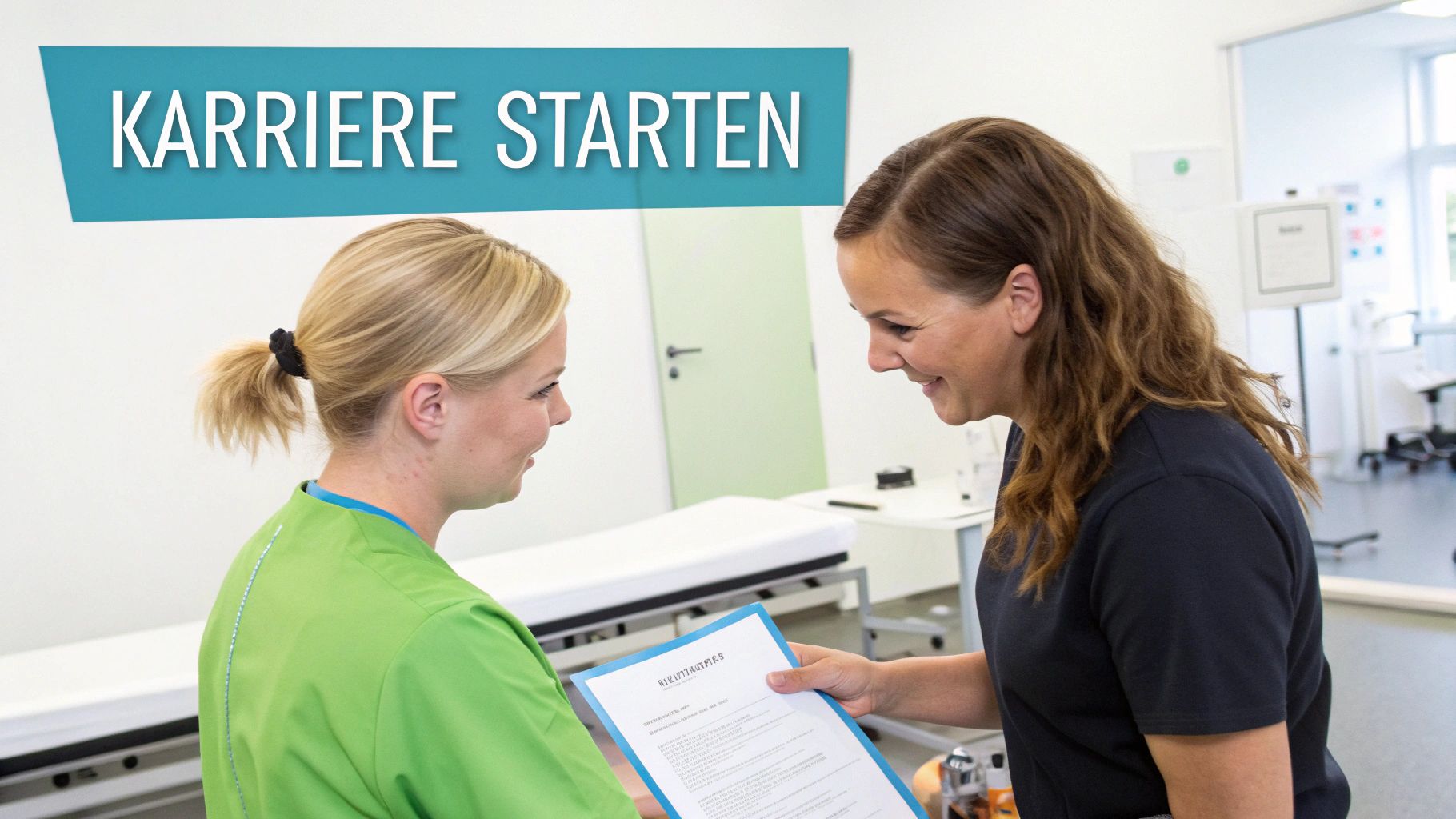 Zwei Frauen in einem medizinischen Umfeld, eine davon in grüner Kleidung, halten ein Dokument und unterhalten sich. Überschrift: KARRIERE STARTEN.