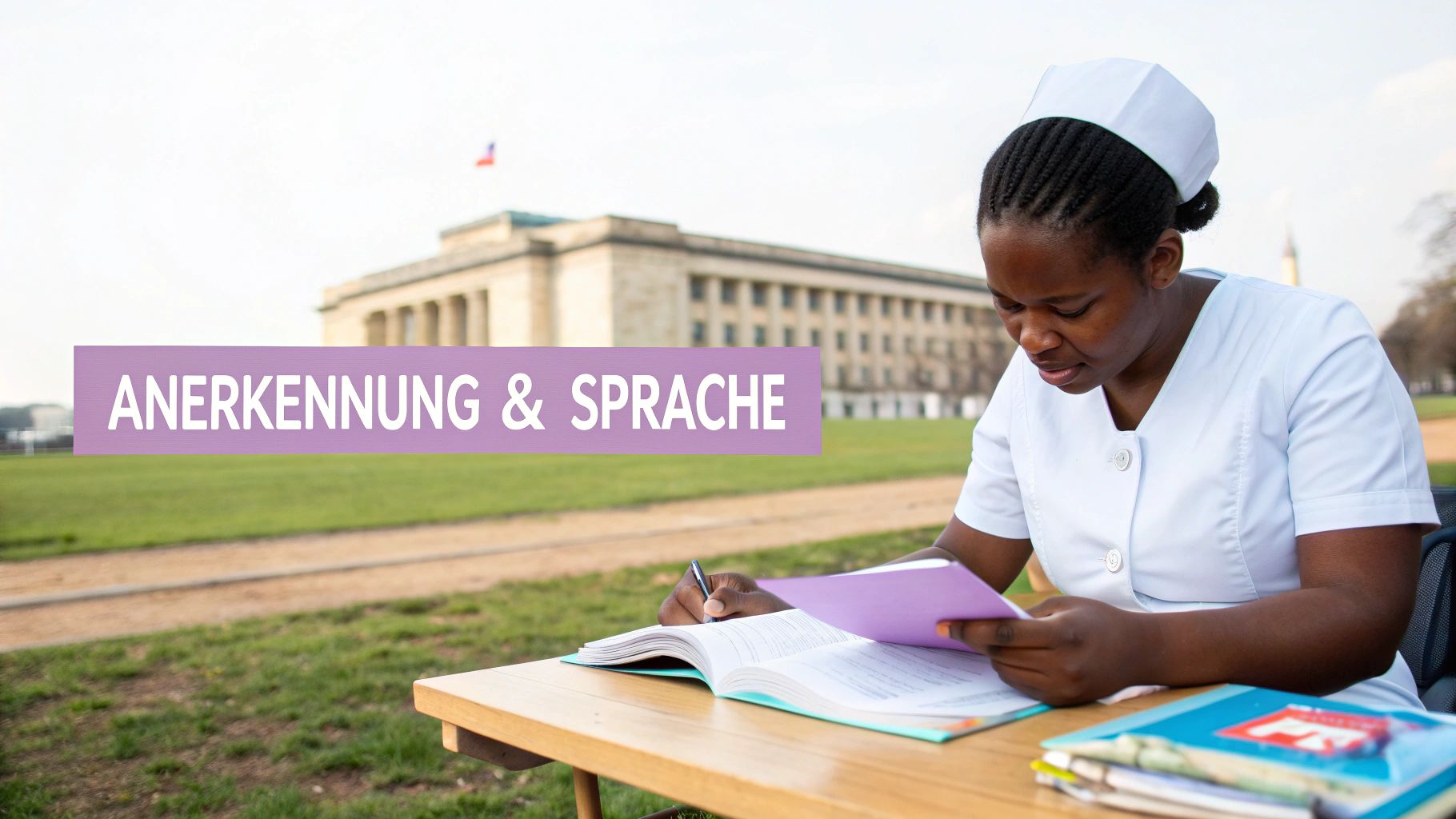 Eine Krankenschwester studiert im Freien; ein Banner zeigt "ANERKENNUNG & SPRACHE".