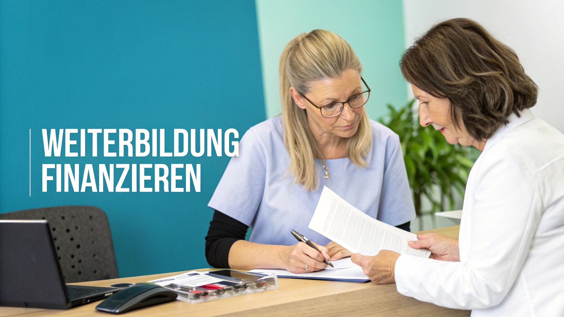 Zwei Frauen besprechen und unterzeichnen Dokumente zur Finanzierung einer Weiterbildung an einem Schreibtisch.