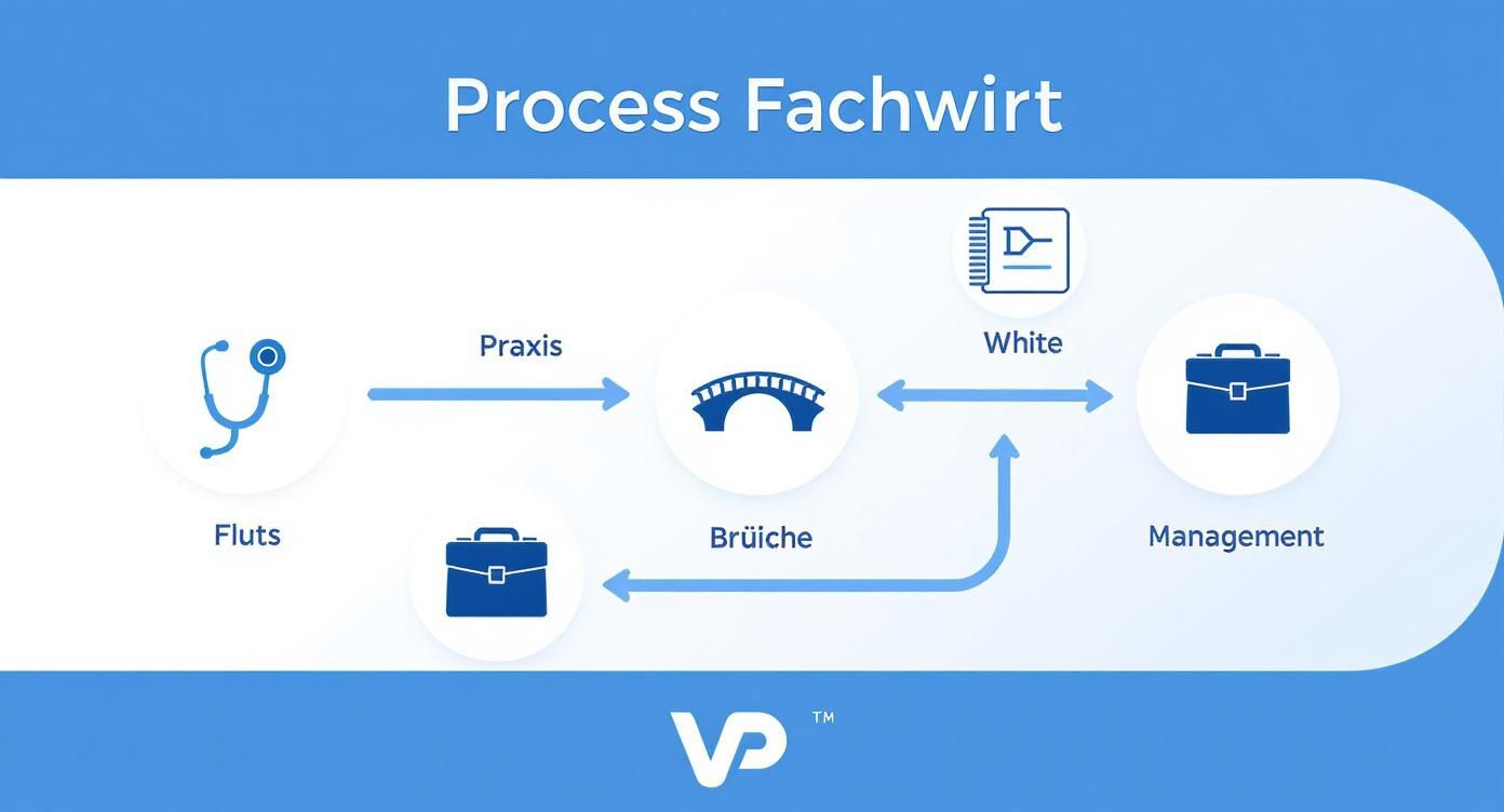 Diagramm zum 'Process Fachwirt' mit Schritten wie Fluts, Praxis, Brüche, White und Management, verbunden durch Pfeile.
