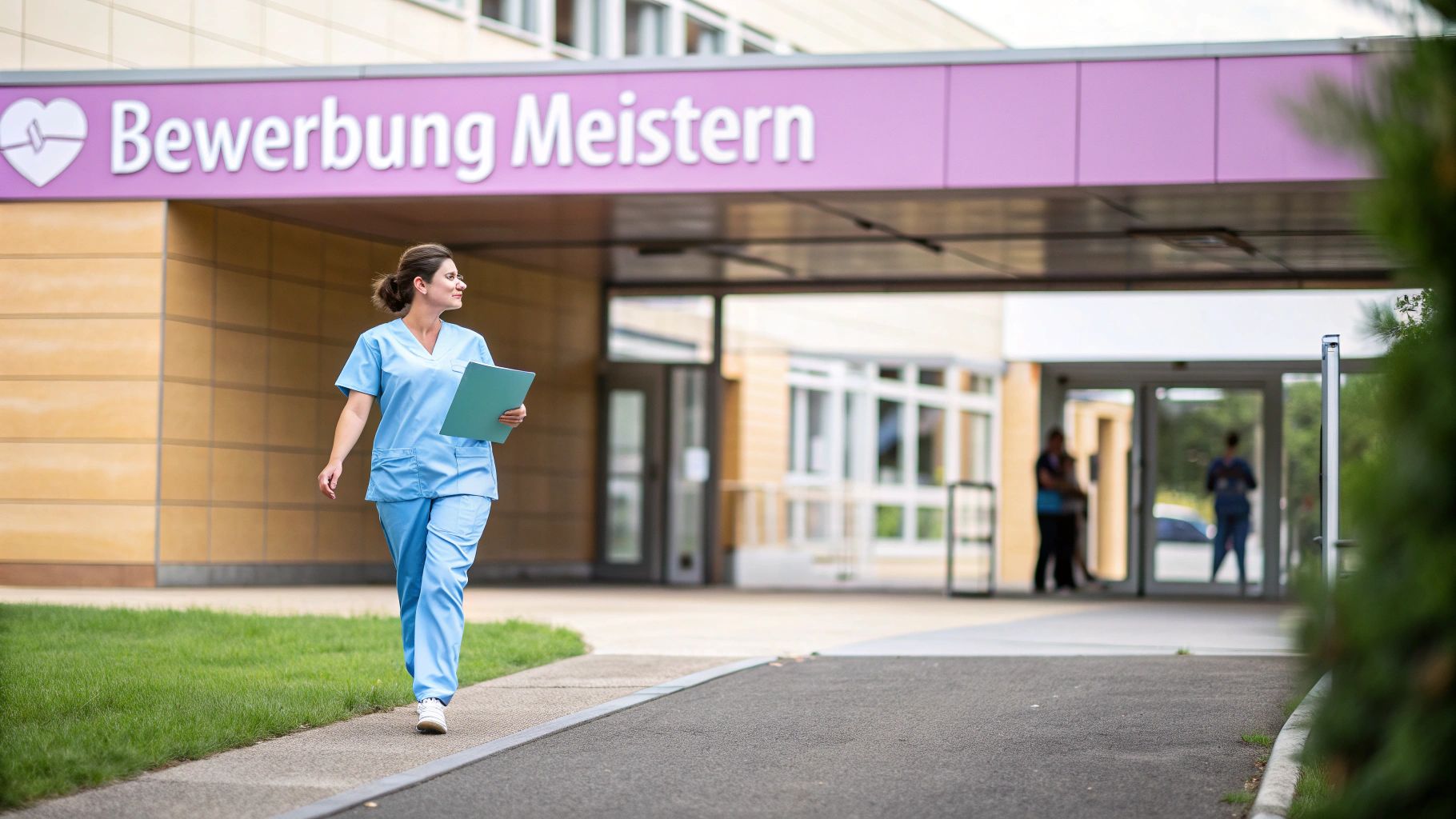 Eine lächelnde Krankenschwester in hellblauer Arbeitskleidung geht mit einer Mappe vor einem Gebäude mit der Aufschrift „Bewerbung Meistern“.