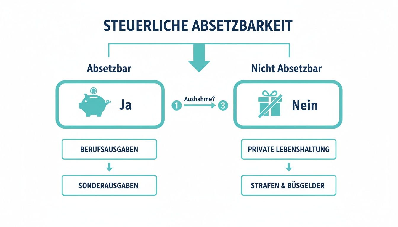 Infografik zur steuerlichen Absetzbarkeit: Unterscheidung zwischen absetzbaren Posten (Berufs-, Sonderausgaben) und nicht absetzbaren (Privat, Strafen).