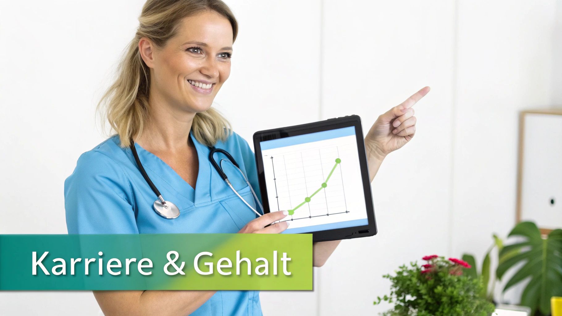 Lächelnde Krankenschwester zeigt auf einem Tablet eine steigende Grafik und deutet nach rechts, mit Text 'Karriere & Gehalt'.