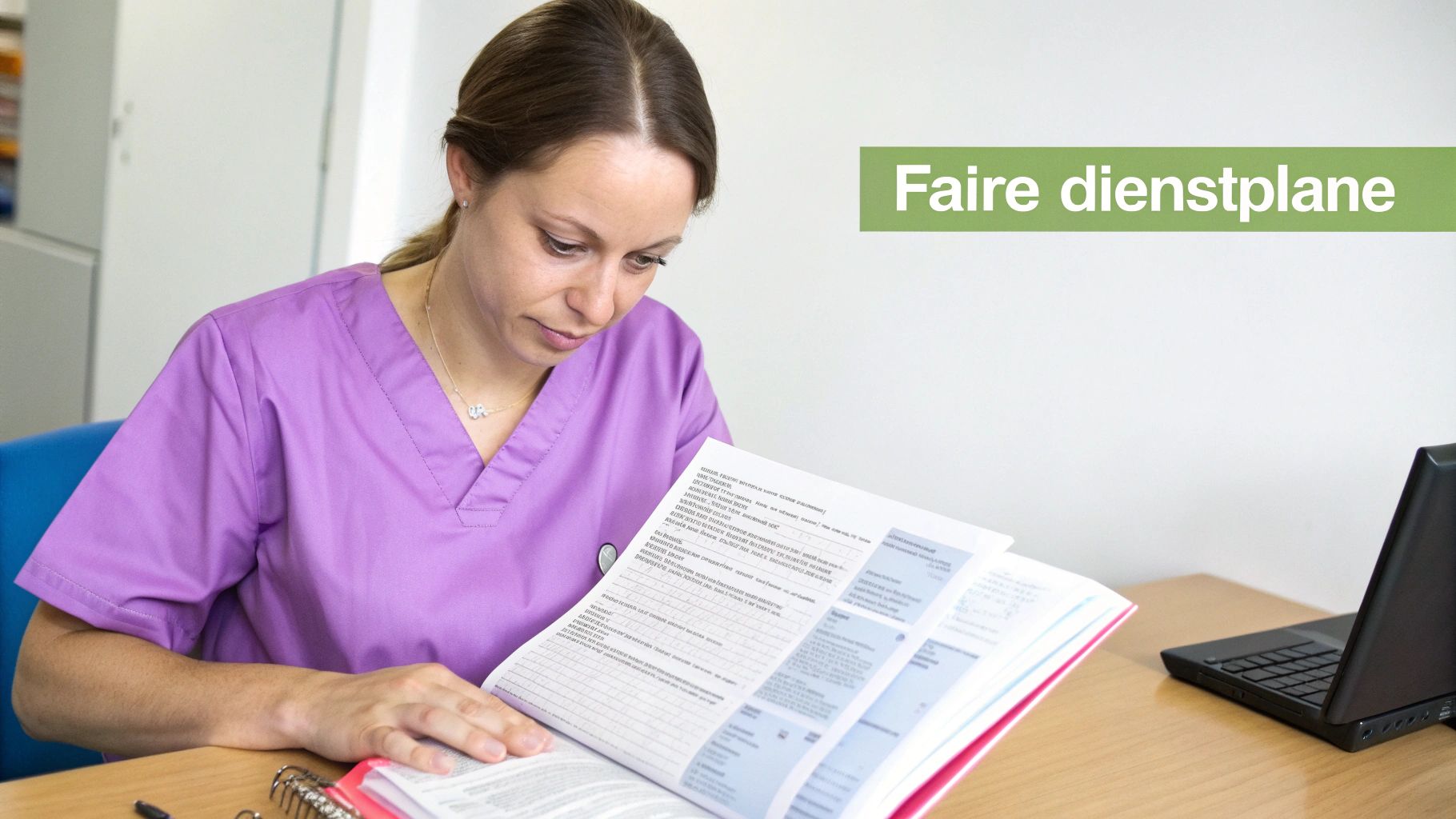 Eine Pflegekraft in lila Arbeitskleidung studiert sorgfältig Unterlagen für die Dienstplanung.