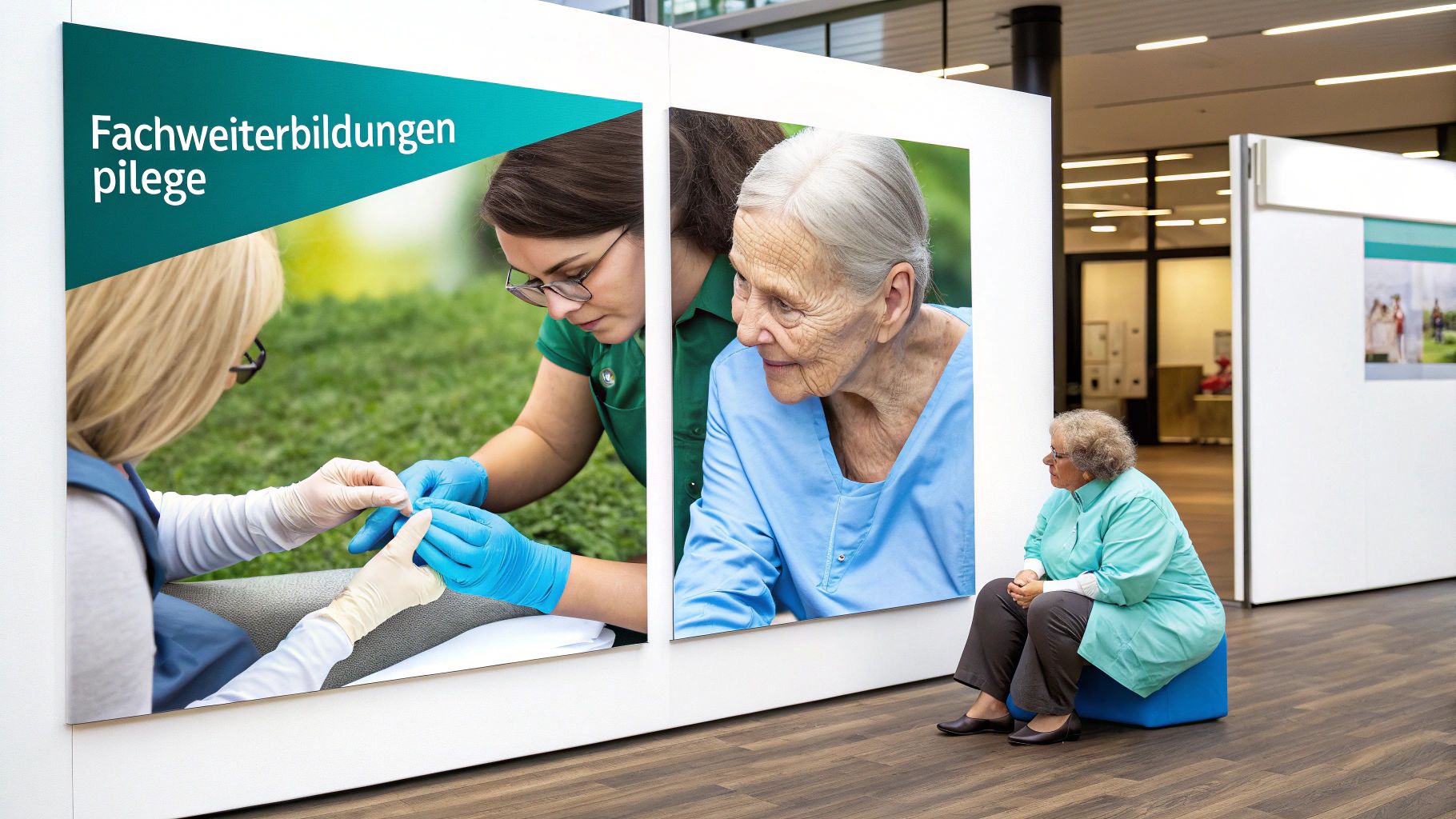 Zwei Pflegerinnen kümmern sich um eine ältere Frau, während eine andere Pflegekraft zusieht. Thema: Fachweiterbildungen Pflege.