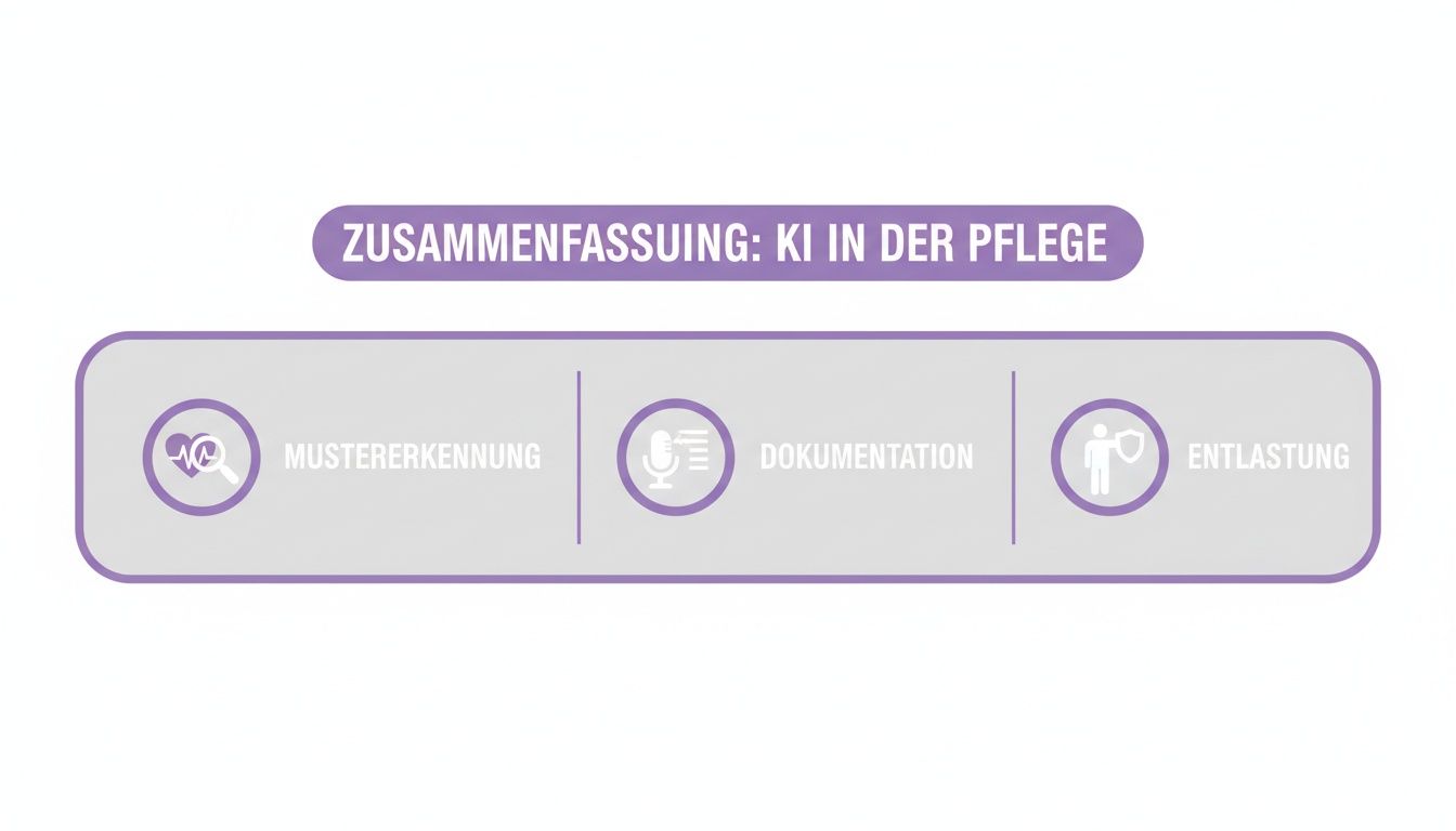 Übersicht zu KI in der Pflege: Mustererkennung, Dokumentation und Entlastung werden durch Symbole und Text dargestellt.