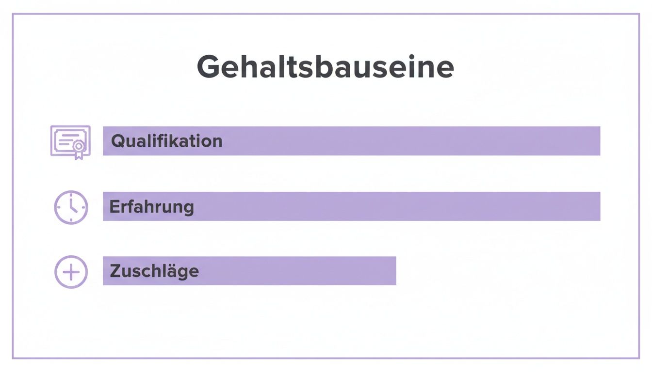 Die Grafik zeigt Gehaltsbausteine: Qualifikation, Erfahrung und Zuschläge, die das Gehalt beeinflussen.