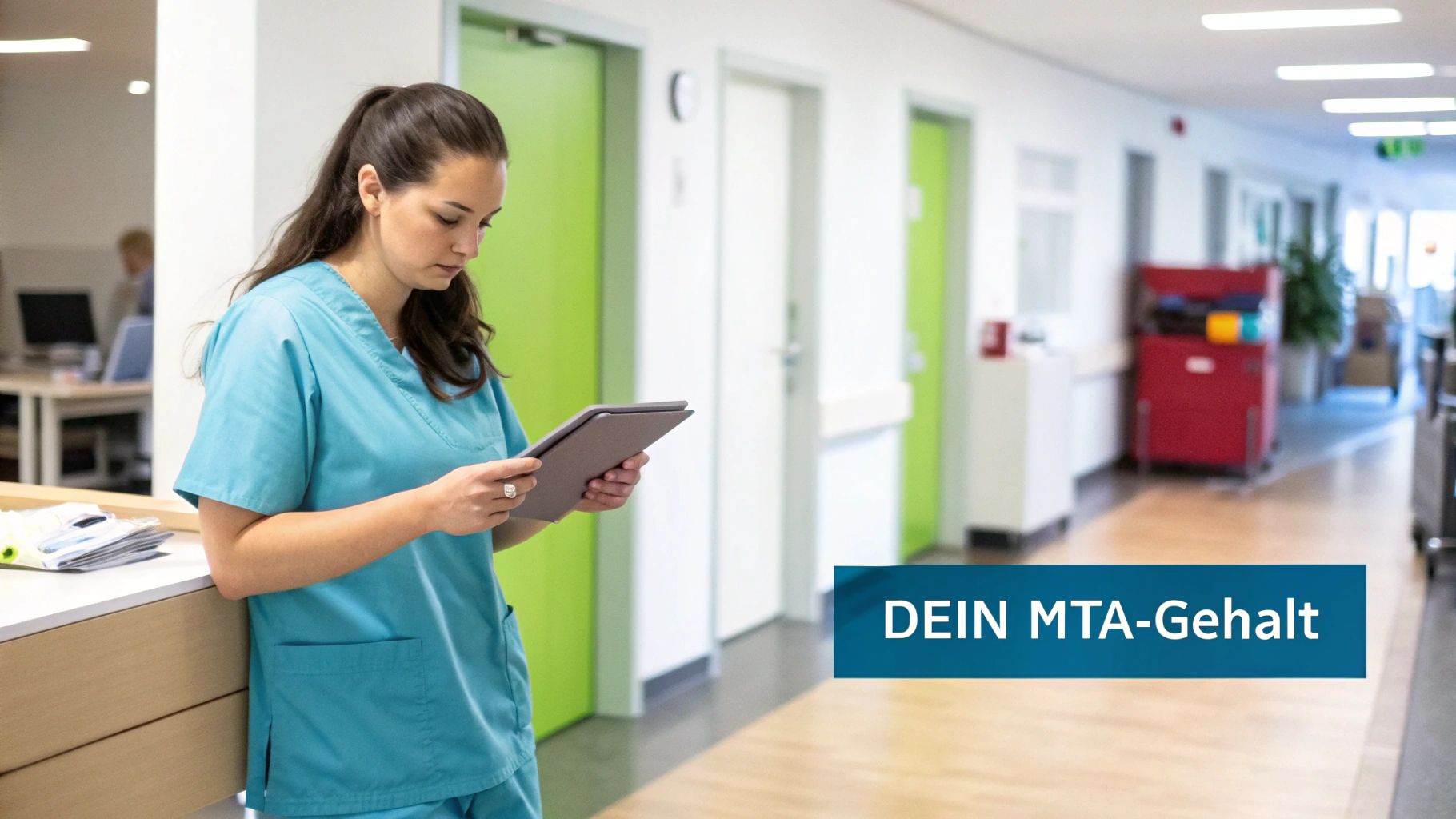 Junge MTA mit Tablet im Krankenhausflur, umringt von Klinikambiente, bewirbt MTA-Gehalt.