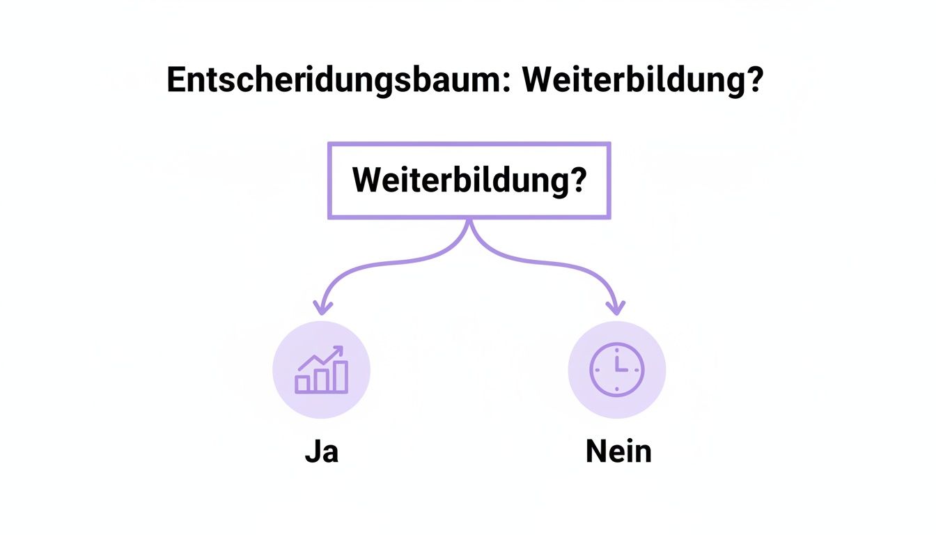 Entscheidungsbaum zur Frage der Weiterbildung, zeigt die Optionen 'Ja' (mit Wachstumssymbol) und 'Nein' (mit Zeitsymbol).