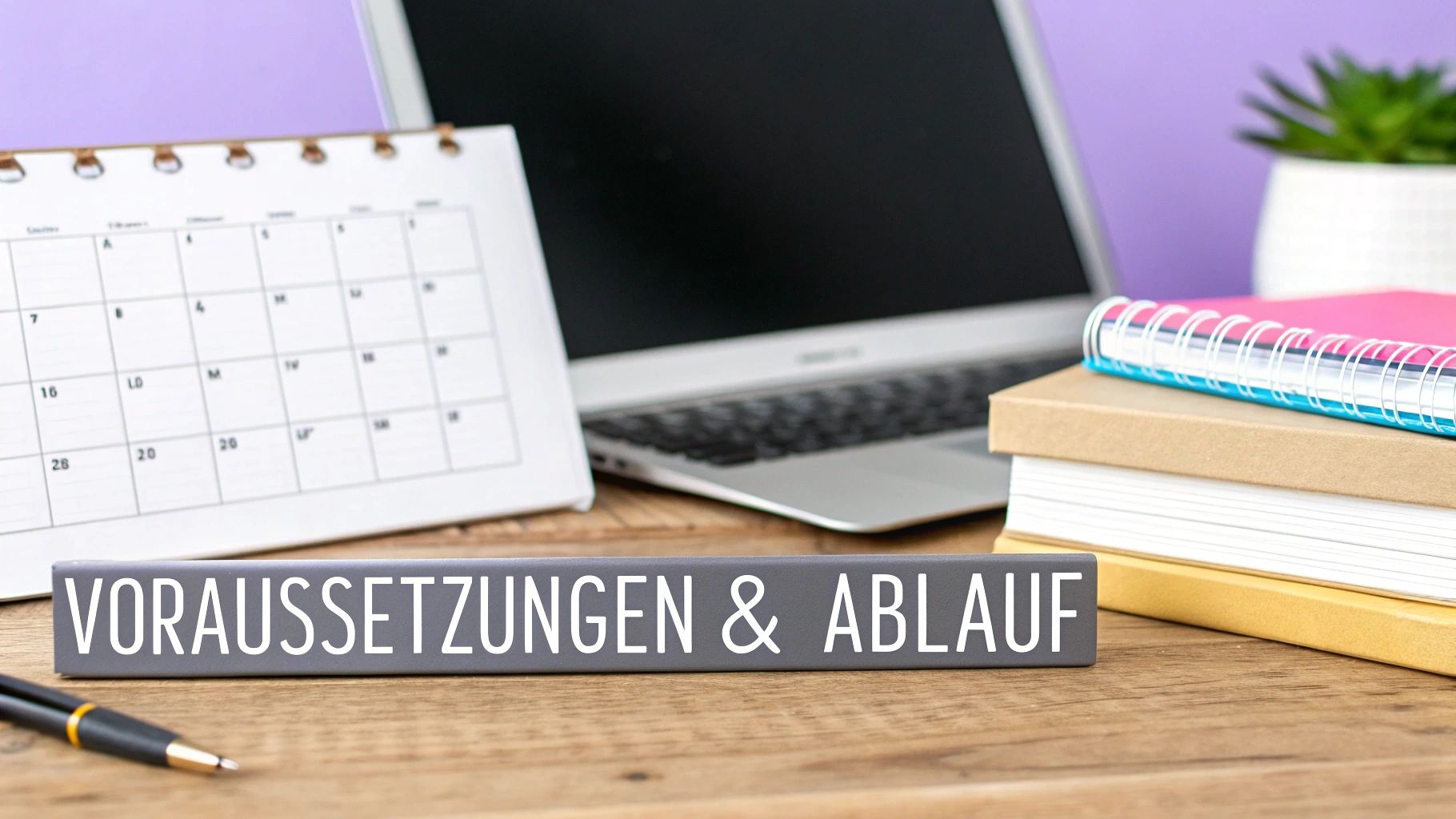 Schreibtisch mit Laptop, Kalender, Notizbüchern und einem Block mit dem Text 'Voraussetzungen & Ablauf'.