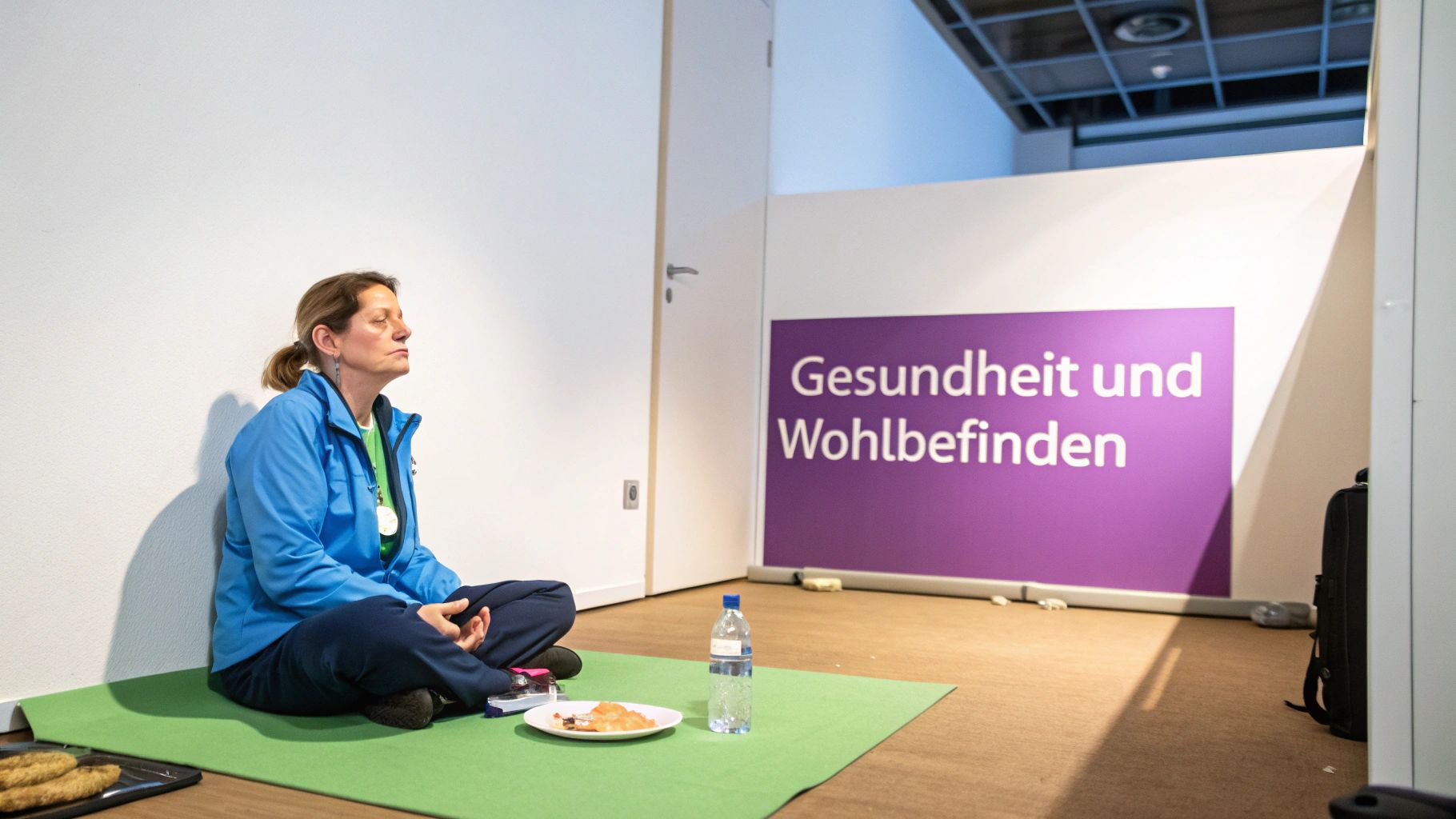 Frau meditiert auf einer grünen Matte vor einem Schild mit der Aufschrift "Gesundheit und Wohlbefinden".