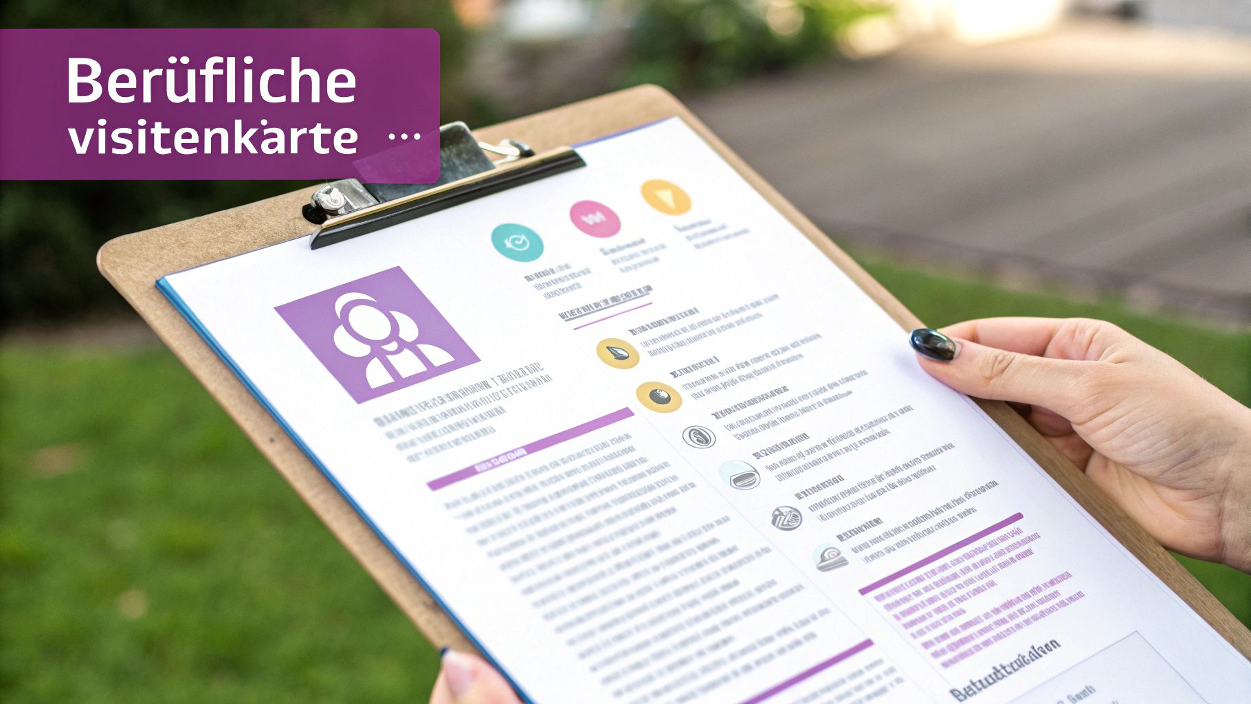 Eine Person hält ein Klemmbrett mit einer professionellen Visitenkarte oder einem Lebenslauf mit lila Elementen.