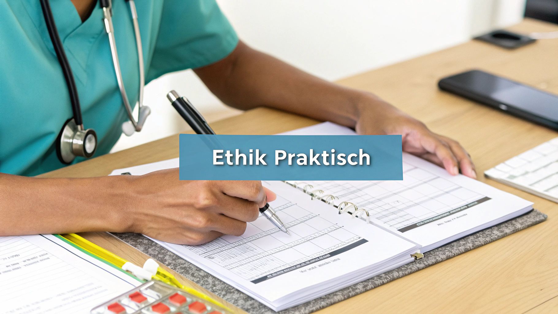 Pflegekraft schreibt in einem Notizbuch mit einem Stethoskop um den Hals, während sie ethische Prinzipien der Pflege lernt.